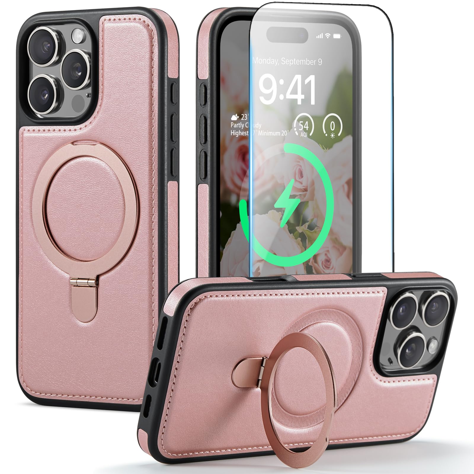 CHEEWADA for iPhone 16 Pro Case with Stand Compatible with Magsafe Slim Leather & Durable TPU Drop Proof Magnetic Kickstand Prot