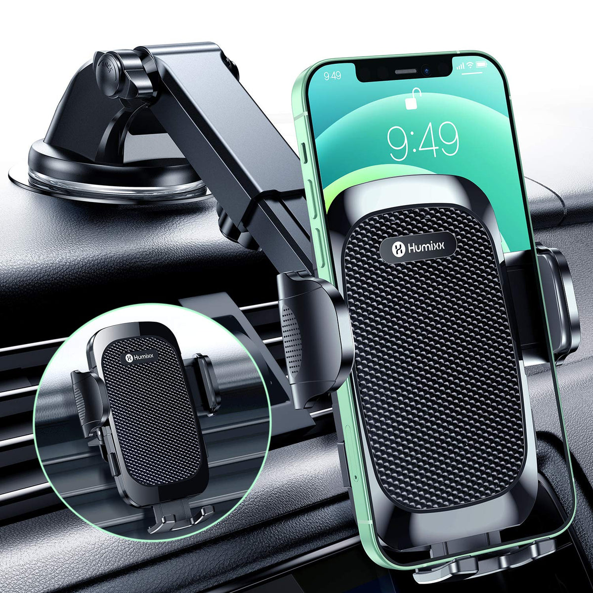 Humixx Phone Mount For Car [Military Grade Super Suction] Universal Hands Free Phone Holder For Dashboard Windshield Air Vent For Iphone 14 Pro Max Plus Samsung All Phones & Cars