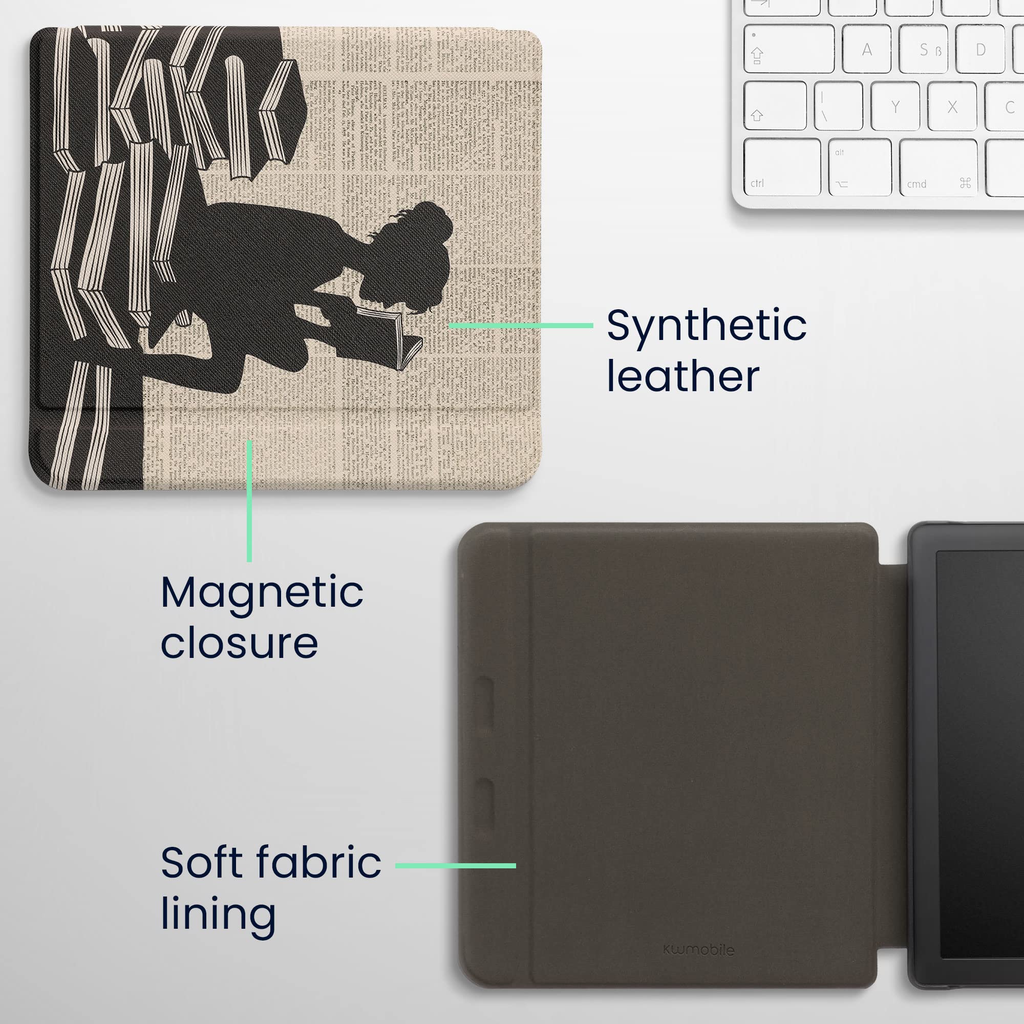 Kwmobile Case Compatible With Kobo Libra 2 Case   Ereader Cover   Girl And Books Black/Beige