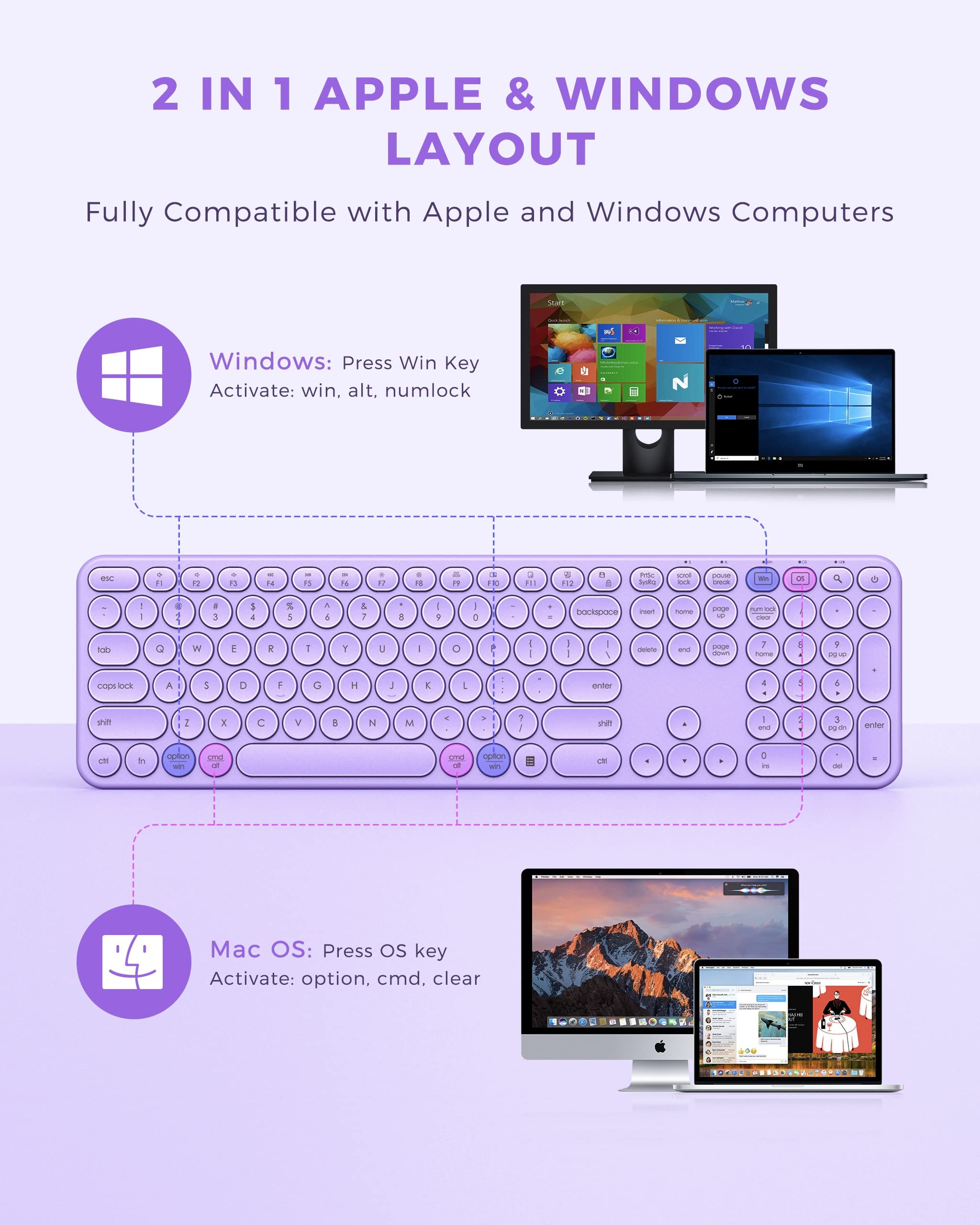 Peious Wireless Keyboard And Mouse Combo, Cute Purple Keyboard & Mouse With Usb And Type C Receiver, Full Size Wireless Mouse An