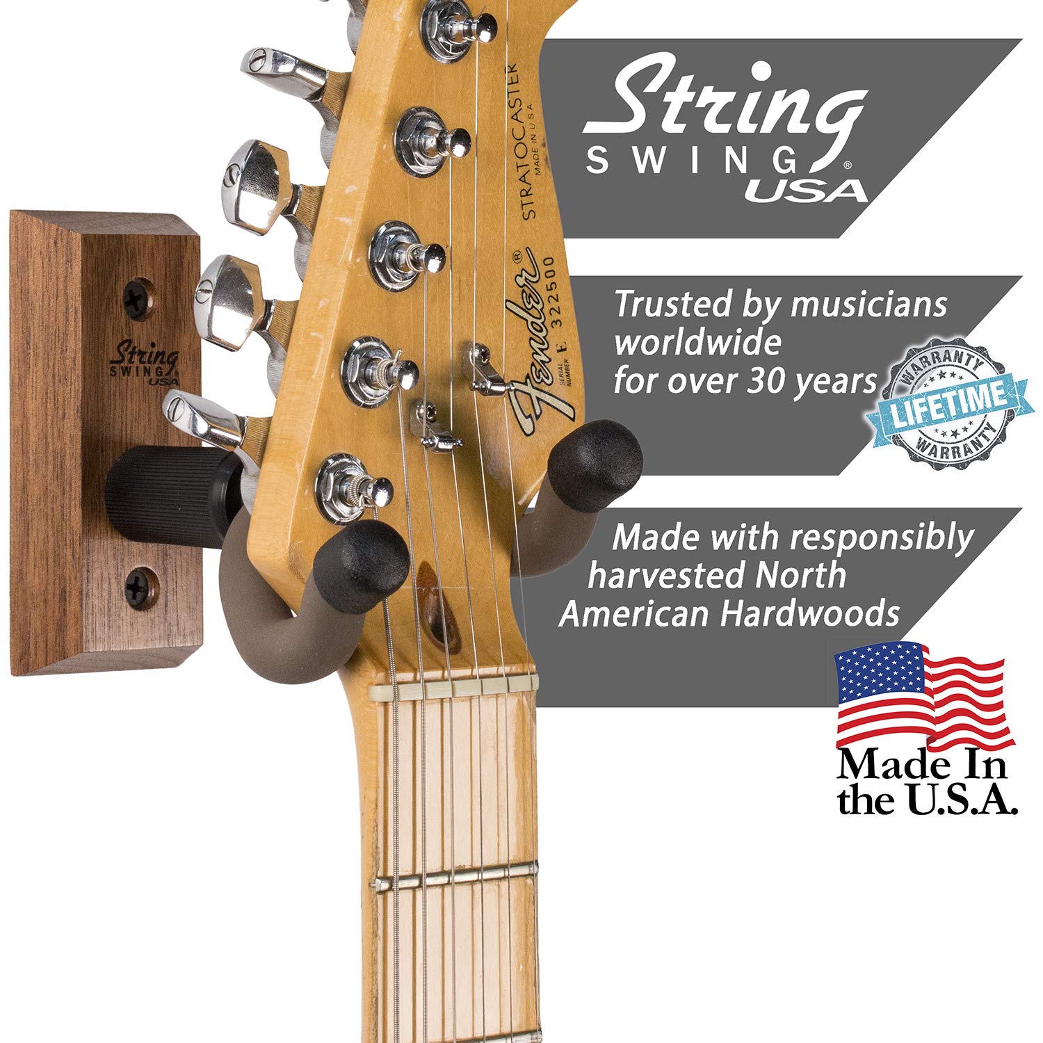 String Swing Guitar Wall Mount Hanger - Wood, Walnut, Model CC01KS-BW, Keeper Strap for Electric, Acoustic & Bass Guitars
