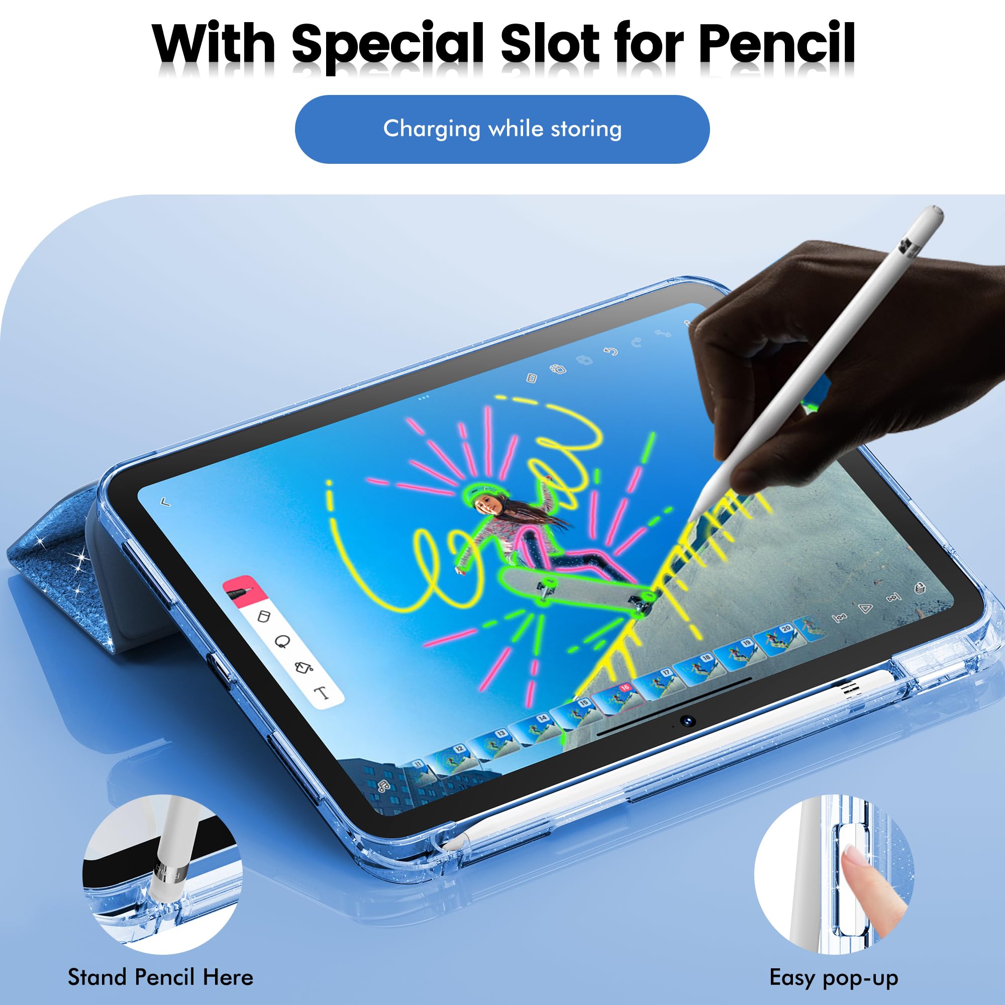 Infiland Compatible With Ipad 10Th Generation Case, Ipad Case 10Th Generation 10.9 Inch, Glitter Leather Cover With Sparkly Crystal Clear Back, Pencil Holder, Anti Yellowing, Blue