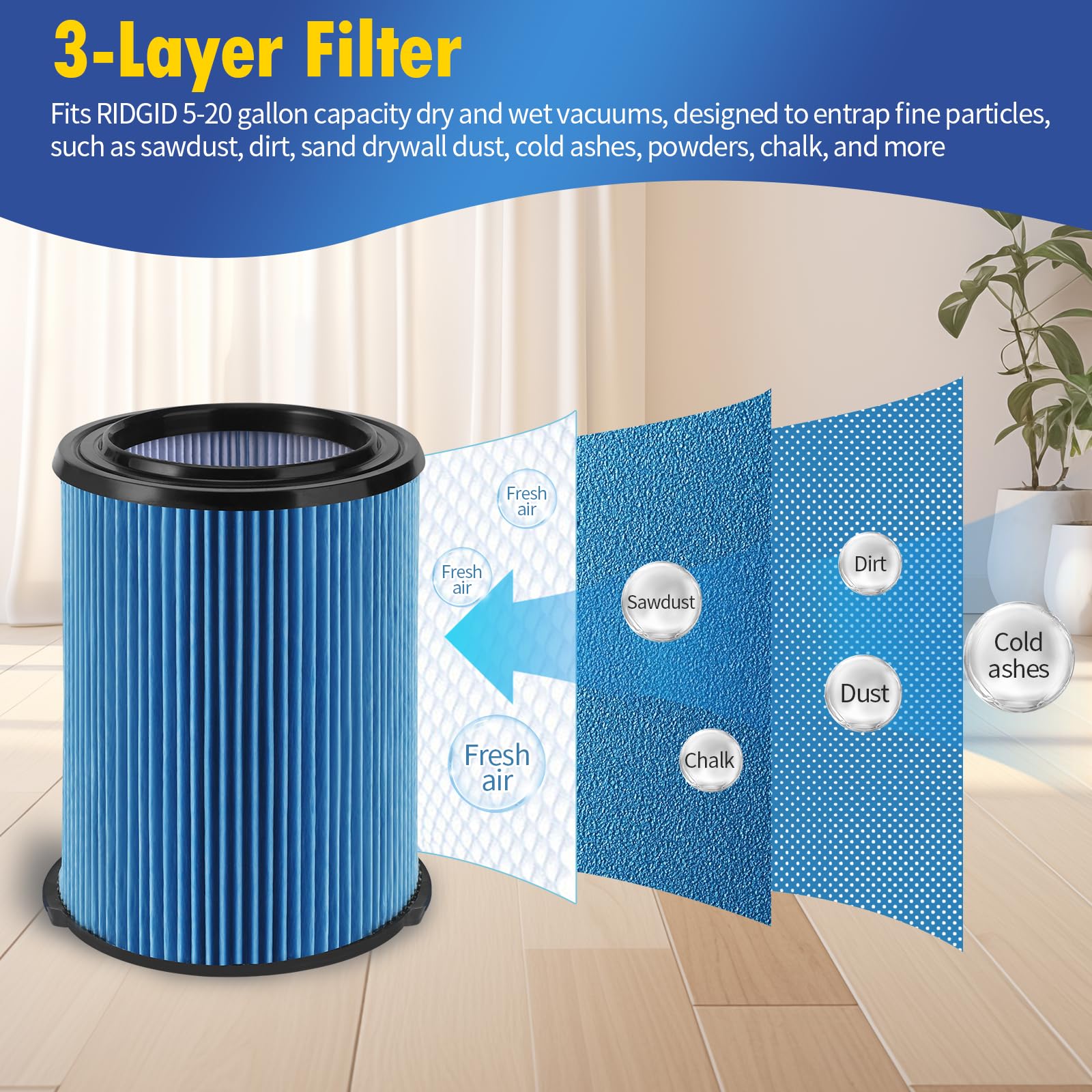 Gazeer 2 Pack Vf5000 Replacement Filter Compatible With Ridgid 5 20 Gallon Wet/Dry Vacuums,3 Layer Pleated Vacuum Filter Compati