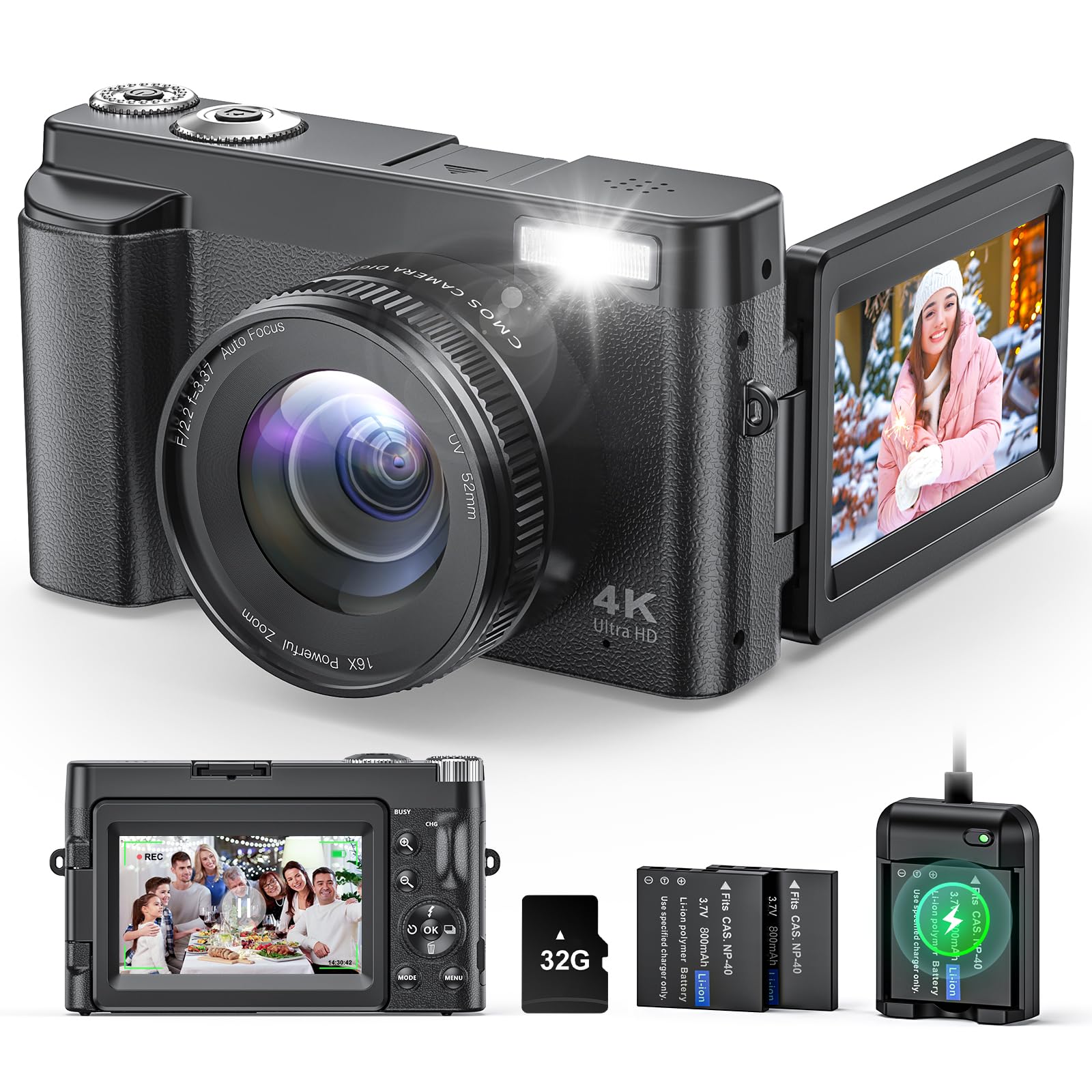 4K Digital Camera for Photography and Video, Autofocus Anti-Shake 48MP Vlogging Camera for YouTube, 3 180Flip Screen Camera wi