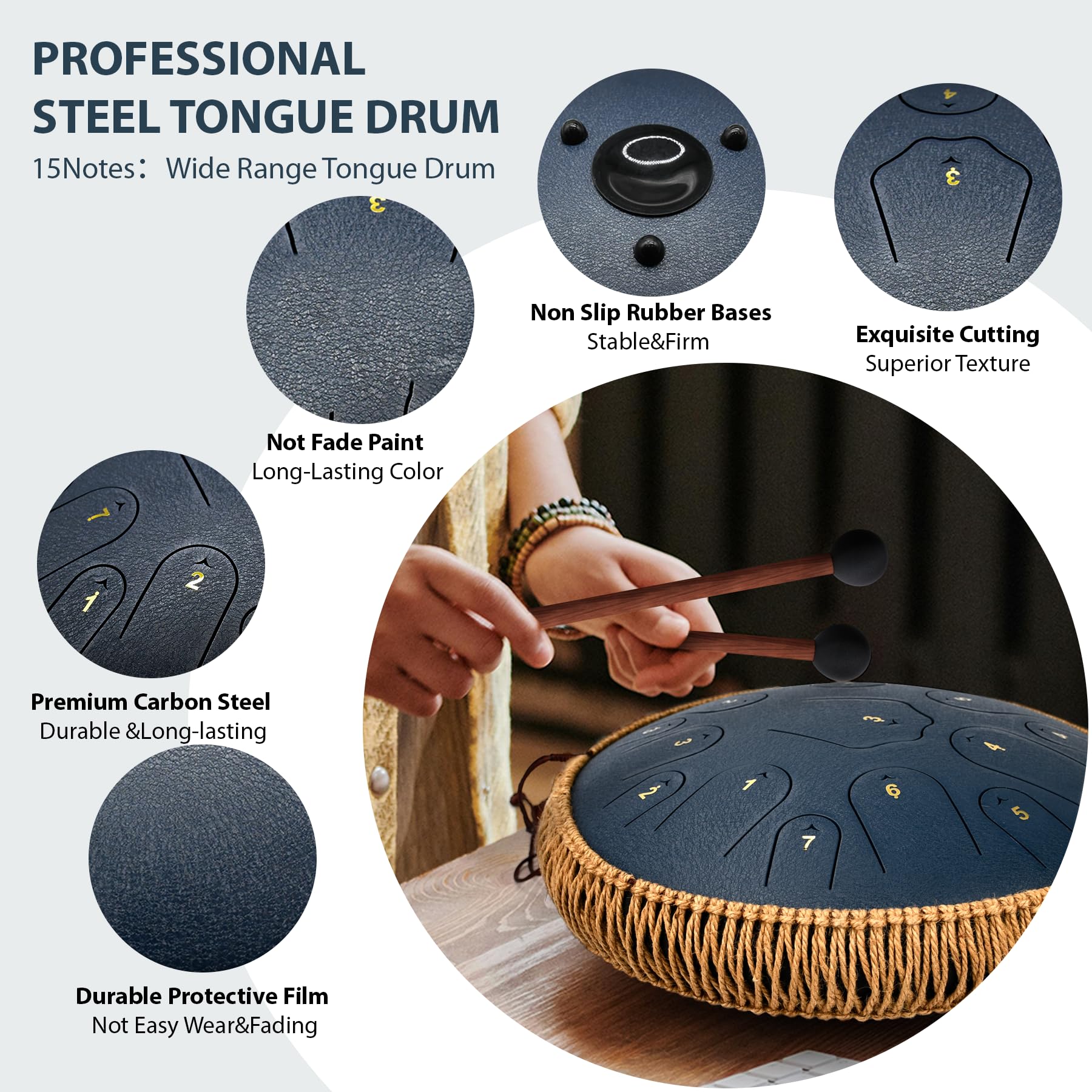 Steel Tongue Drum Qingshi 15 Notes 14 Inch Steel Drum Instrument For Adults, Steel Handpan Drums With Handpan Drum Mallet, Music
