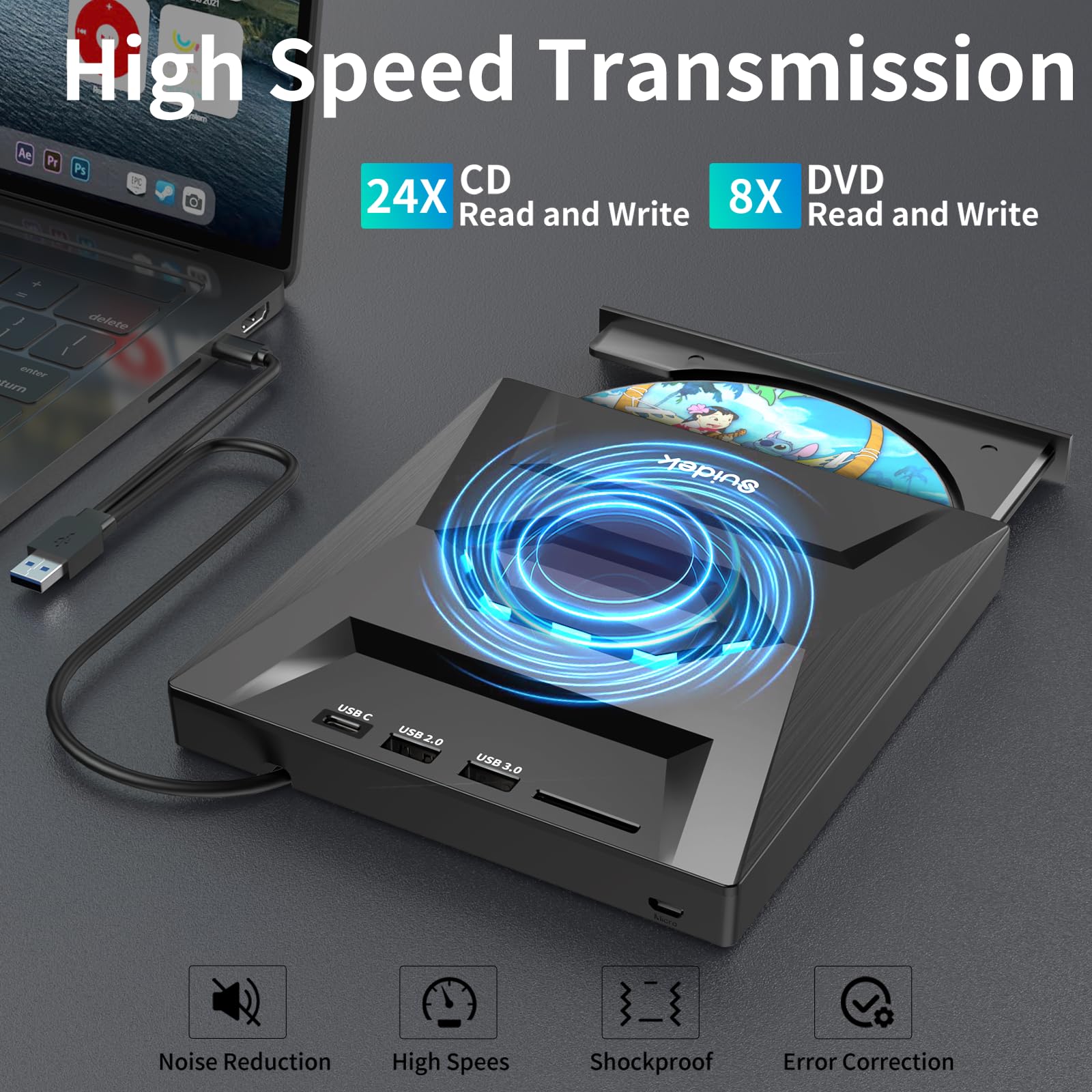 Suidek External Cd Dvd Drive For Laptop, Usb C Portable Cd/Dvd +/ Rw Burner Dvd Player For Laptop With Sd Card Reader Usb 3.0 Ty
