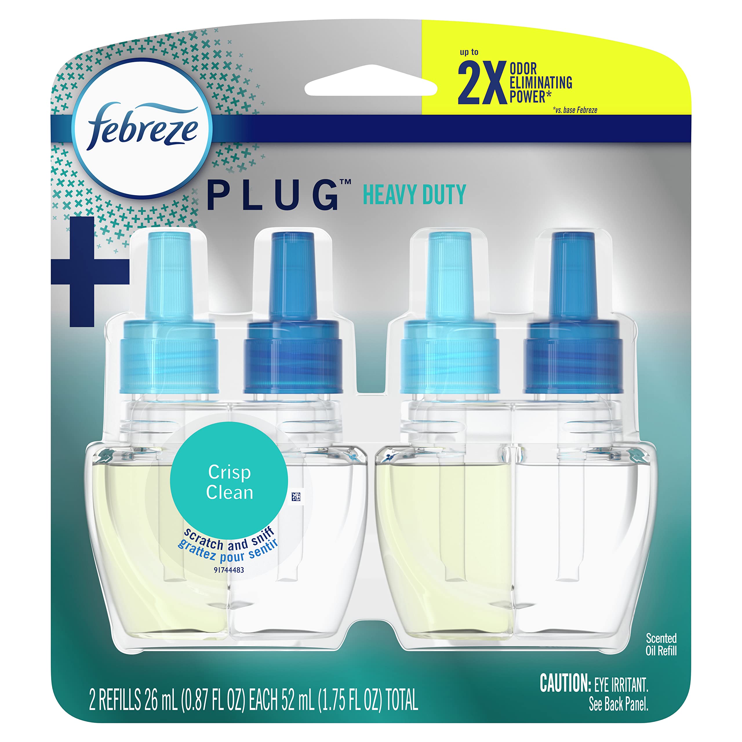 Febreze Odor Fighting Fade Defy Plug Air Freshener Refill, Heavy Duty Crisp Clean, (2) .87 Fl. Oz. Oil Refills