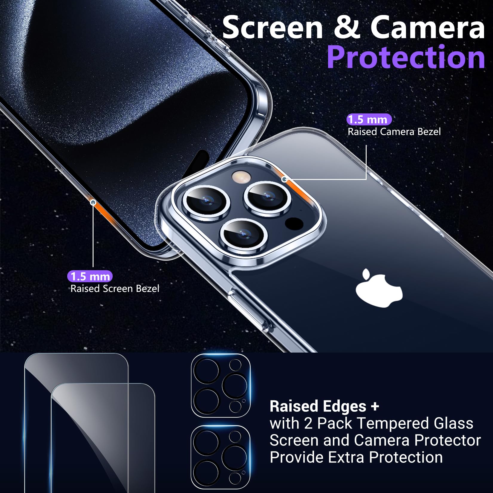 Red2Fire Designed For Iphone 15 Pro Case Clear, [2Pcs Glass Screen Protector + Camera Protector][Military Grade Drop Protection]