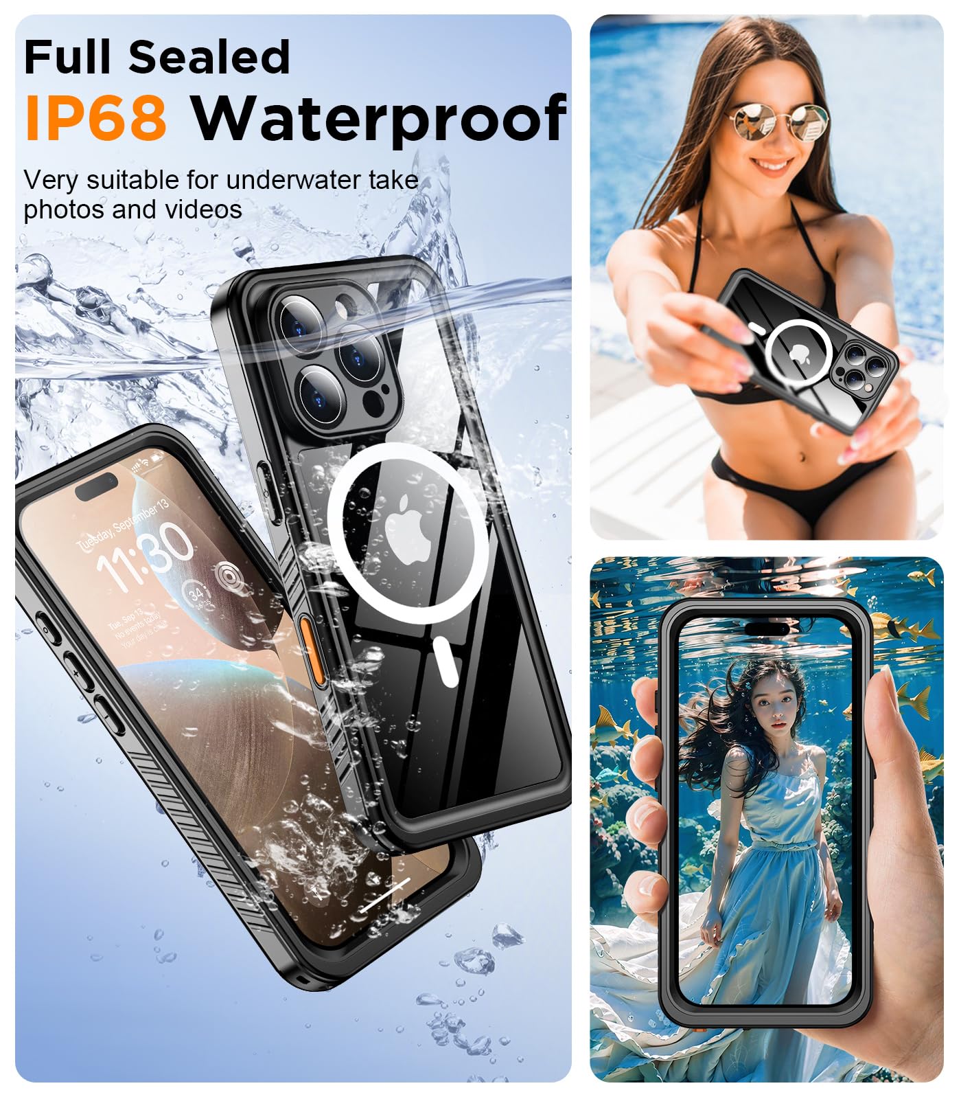 Temdan Magnetic For Iphone 16 Pro Max Case Waterproof,Built In Screen Protector[Ip68 Underwater][Upgrade Military Dropproof][Com