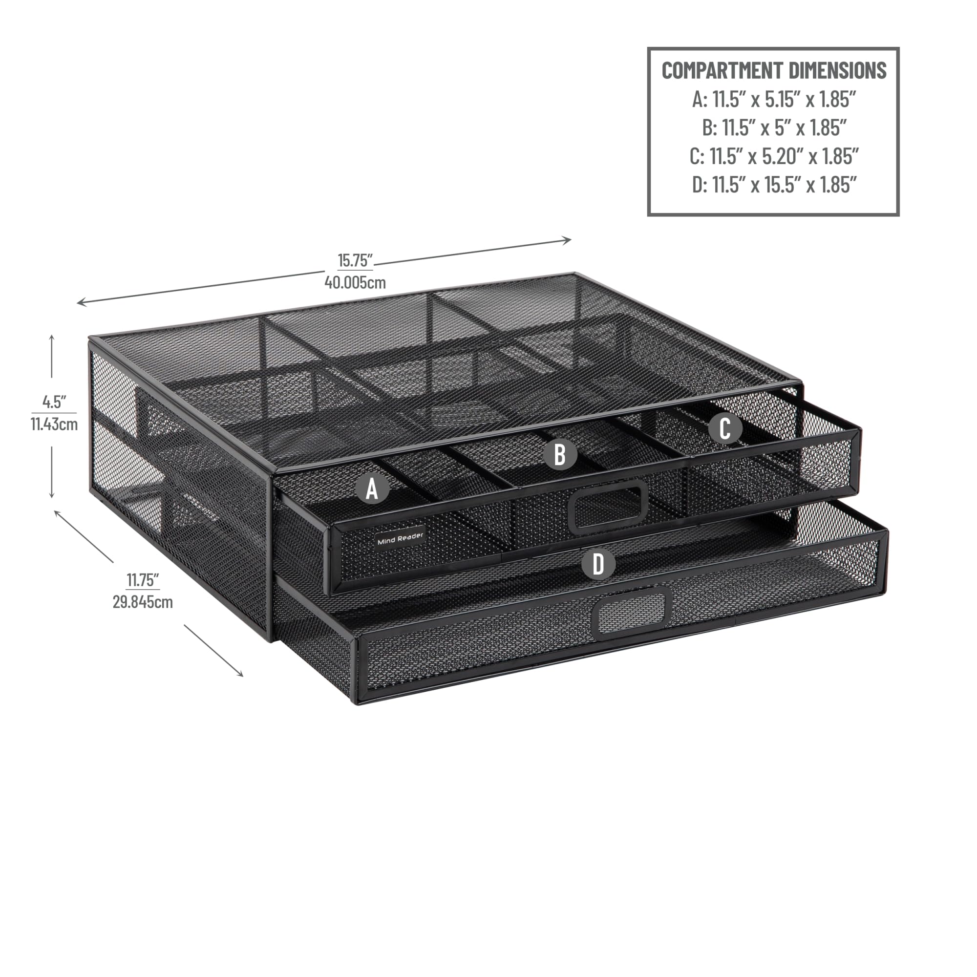 Mind Reader Monitor Stand, Ventilated Laptop Riser, Storage Drawer, Office, Metal Mesh, 15.75'L x 11.75'W x 4.5'H, Black