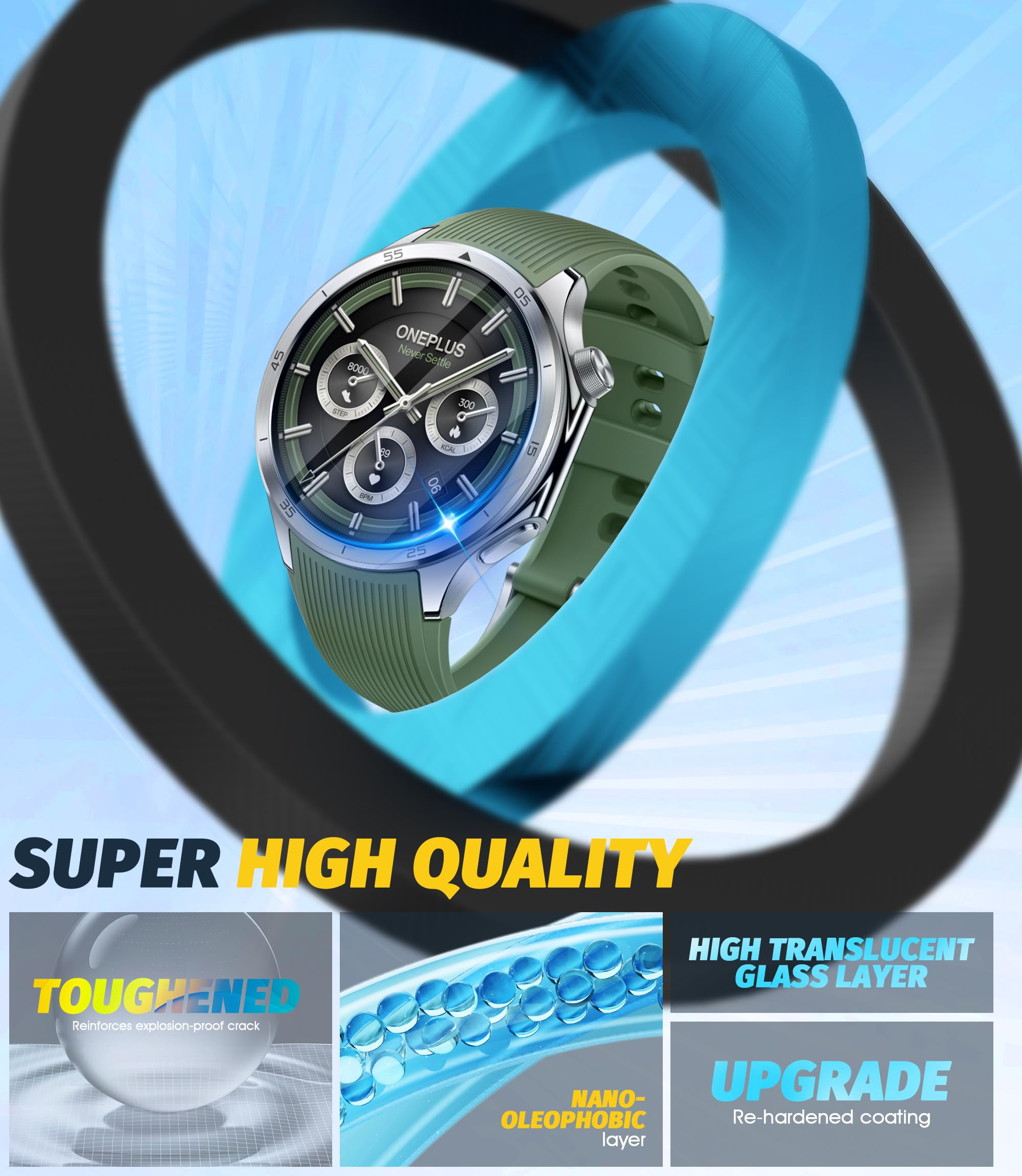 Orzero (3 Pack) Tempered Glass Watch Screen Protector Compatible For Oneplus Watch 3, Protector De Pantalla With Auto Alignment