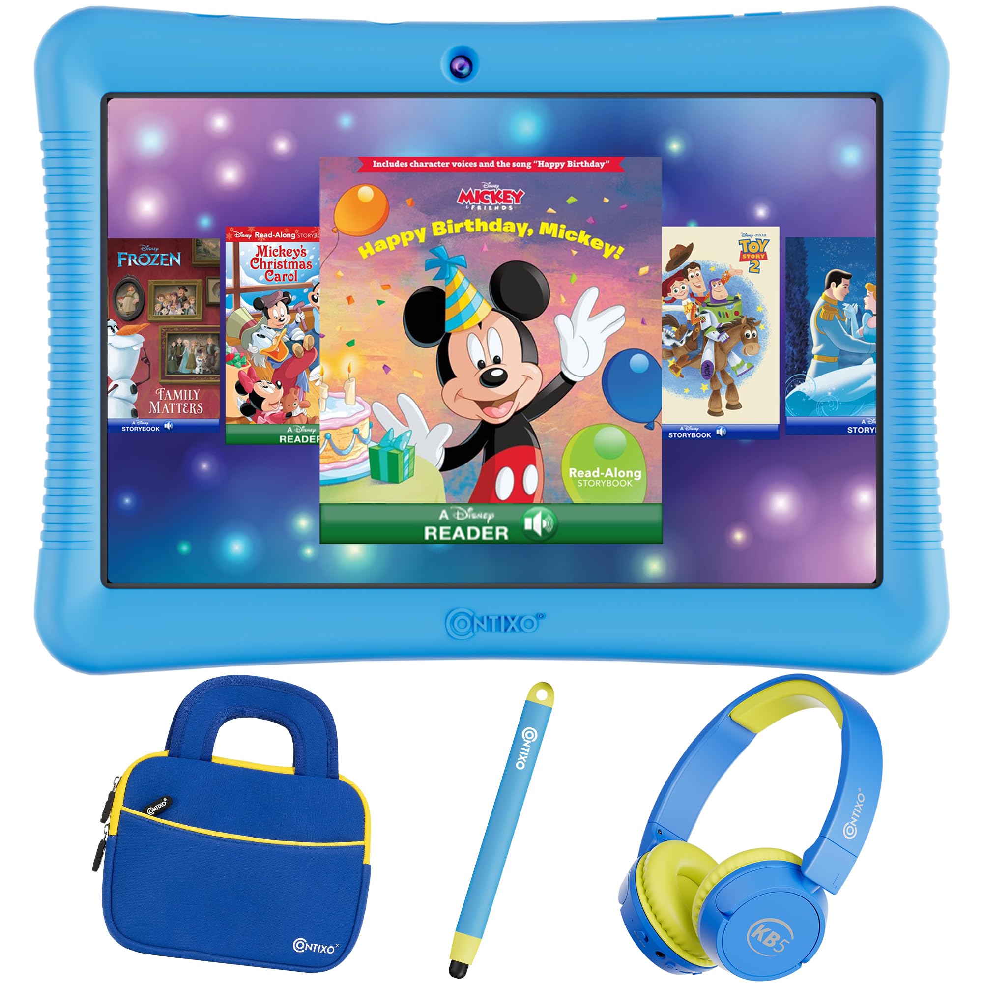 Contixo 10' Android Kids Tablet 32Gb Bundle   80+ Disney Storybooks & Stickers, Parental Controls, Kid Proof Case, Kickstand & Stylus, Headphone & Sleeve Bag (2024 Model)   Blue