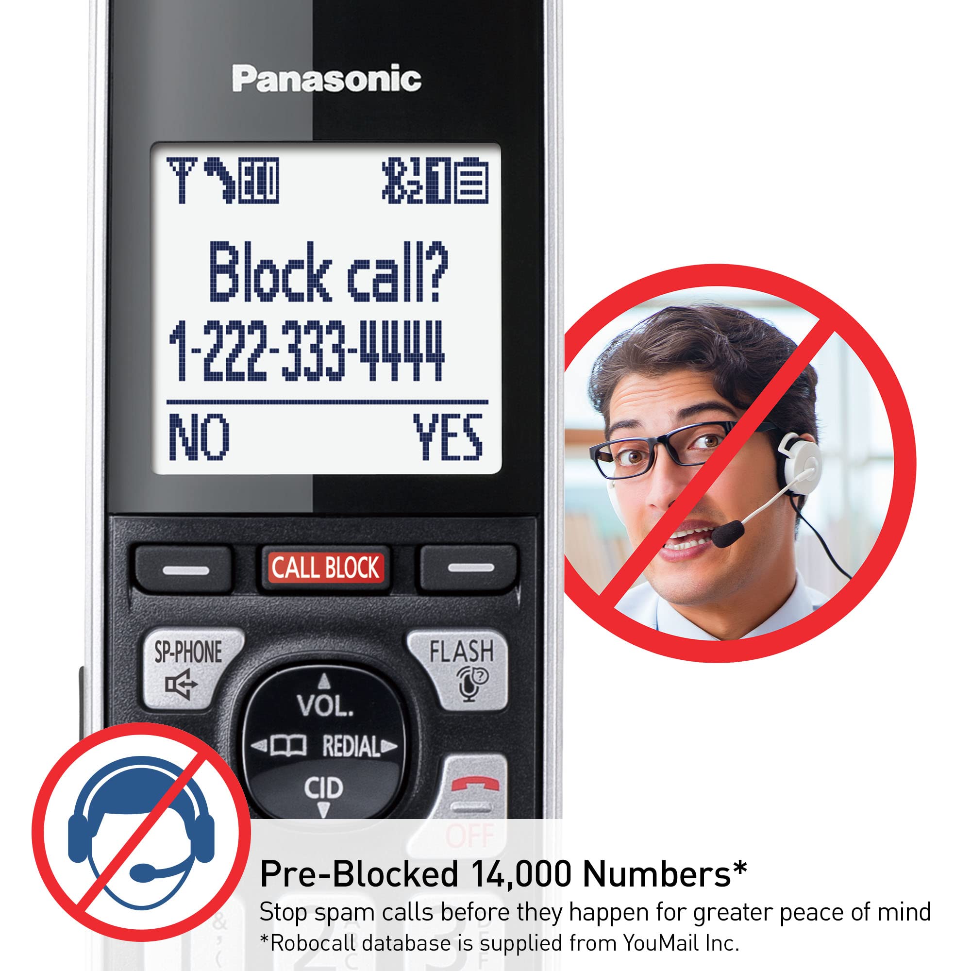 Panasonic Cordless Phone With Advanced Call Block, Link2Cell Bluetooth, One-Ring Scam Alert, And 2-Way Recording With Answering