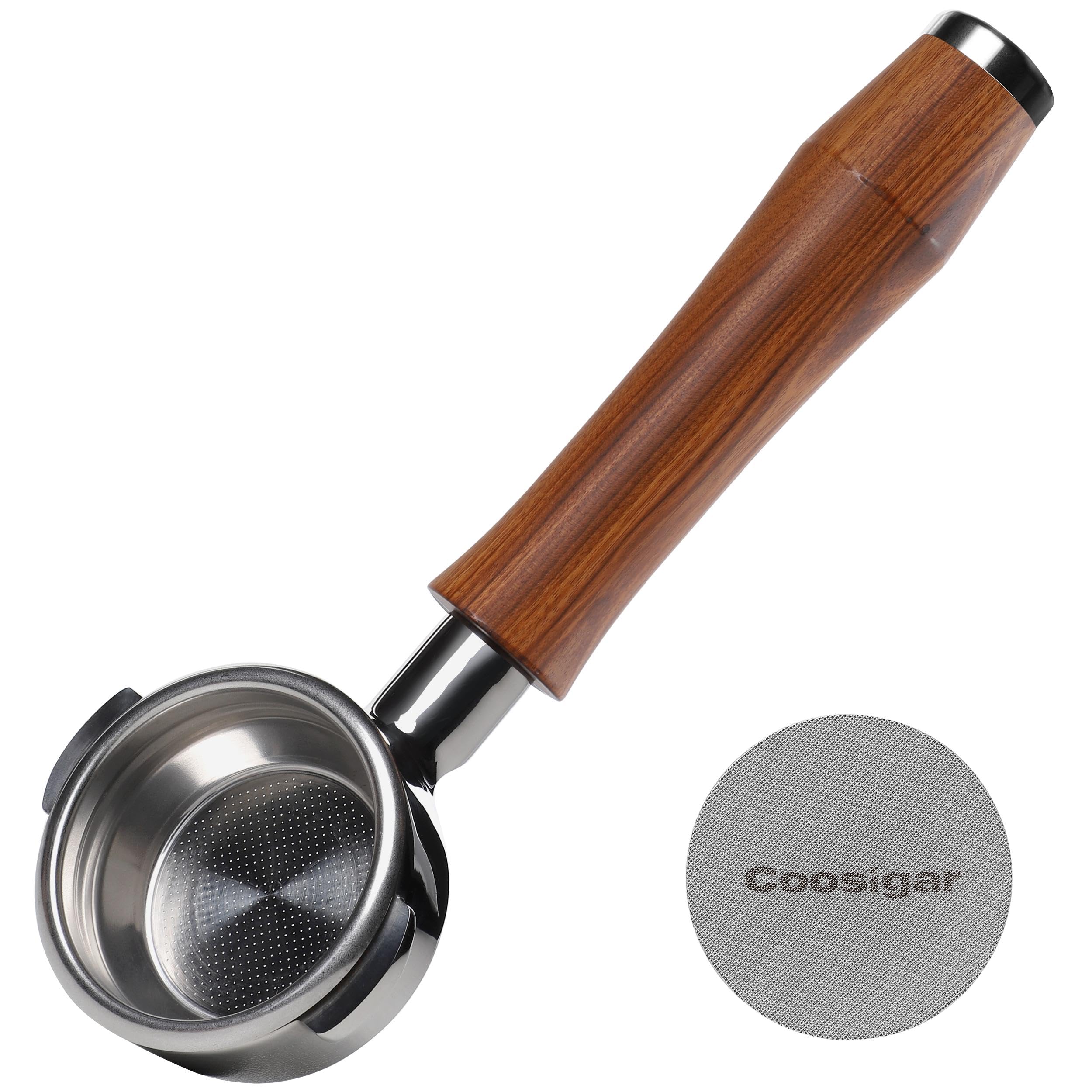 Coosigar 58Mm Bottomless Portafilter | Fits For E61 Group Head 2 Ears Machines| Stainless Steel Portafilter And Rosewood Handle|