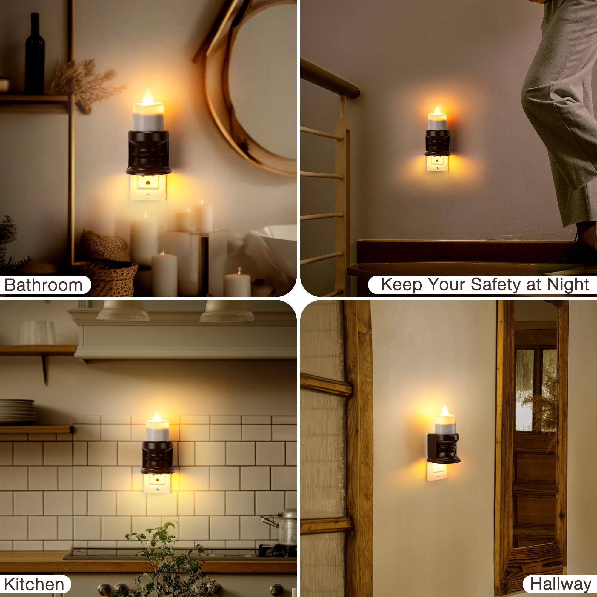 Meonum 2 Pcs Flameless Candle Night Light Plug Into Wall, Led Motion Sensor Dusk To Dawn Nightlight Farmhouse Vintage Rustic Fli