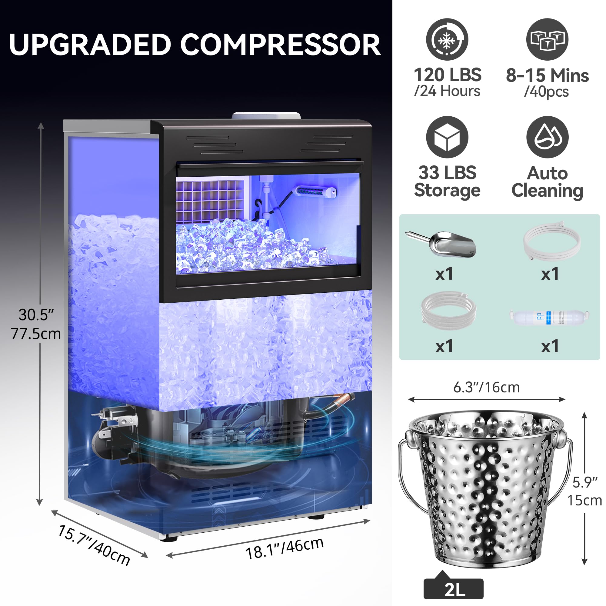 Yitahome Top Loading Commercial Ice Maker Machine 120Lbs With 33Lbs Storage Bin, 2 Way Water Inlet, Stainless Steel Ice Maker Un