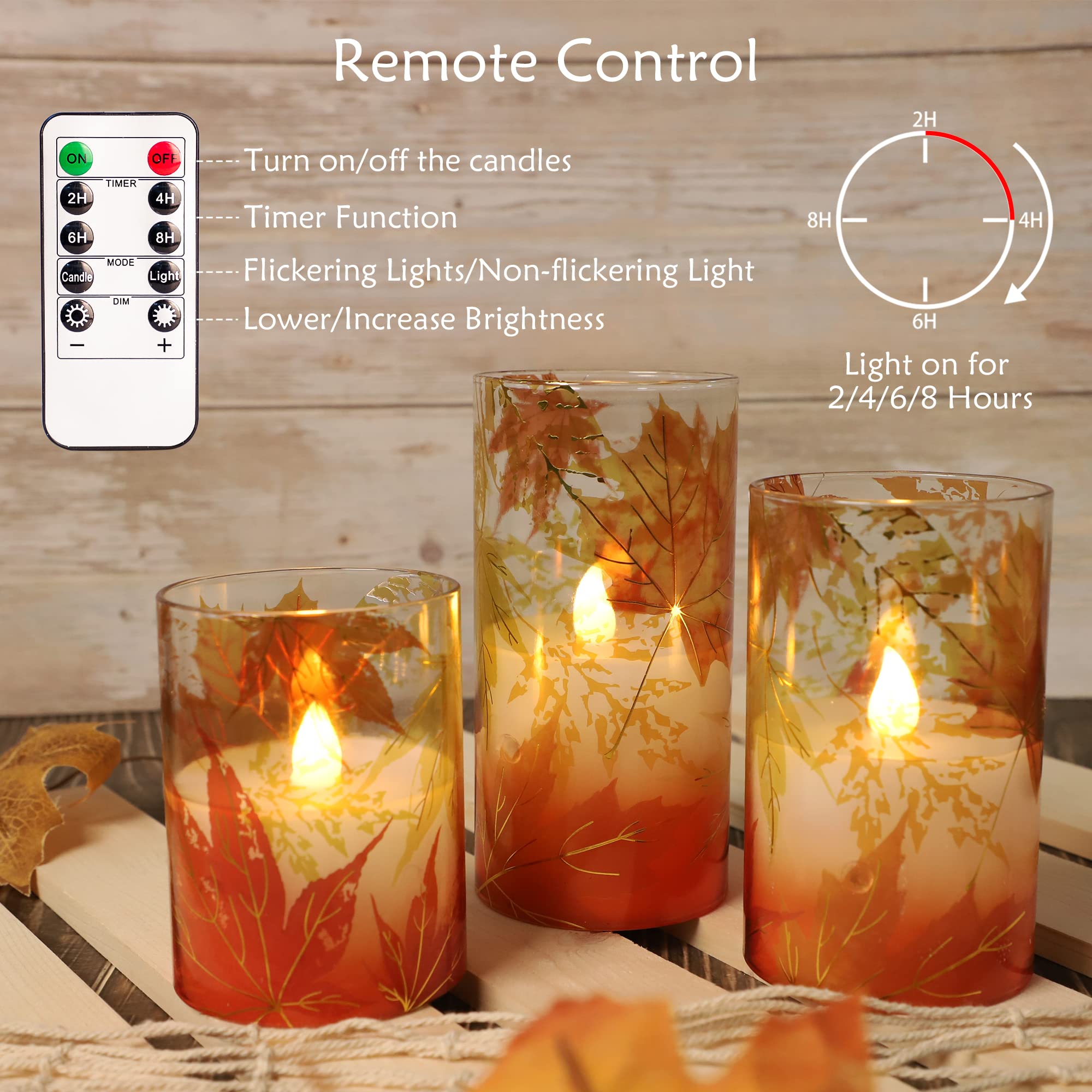 Gorge Moment Flameless Led Candles Battery Operated Flickering With Remote Timer Glass Effect Gold Red Maple Leaves Realistic Wa