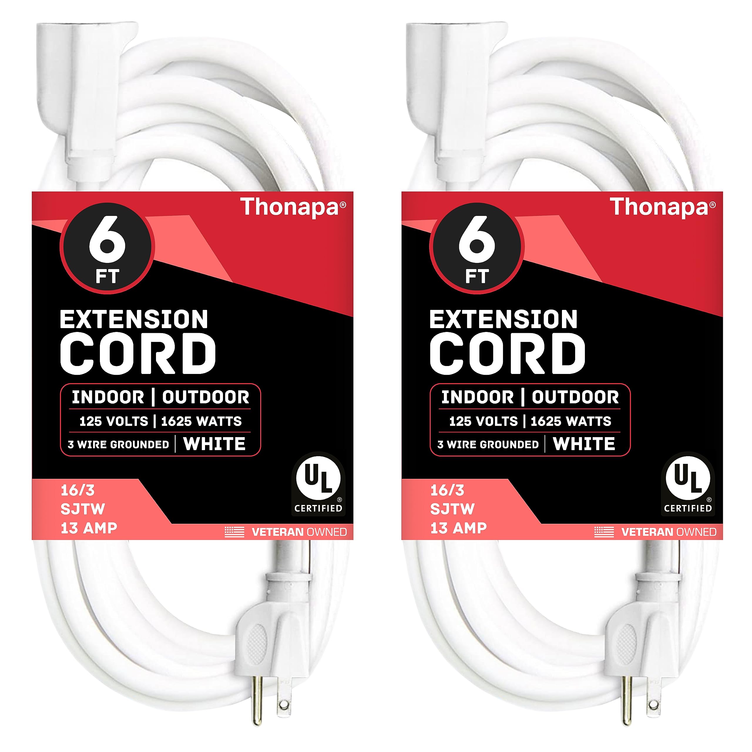 Thonapa 2 Pack White Extension Cord 6 Ft, 16/3 Sjtw Weatherproof Indoor & Outdoor Extension Cord 3 Prong Grounded Plug, Heavy Du