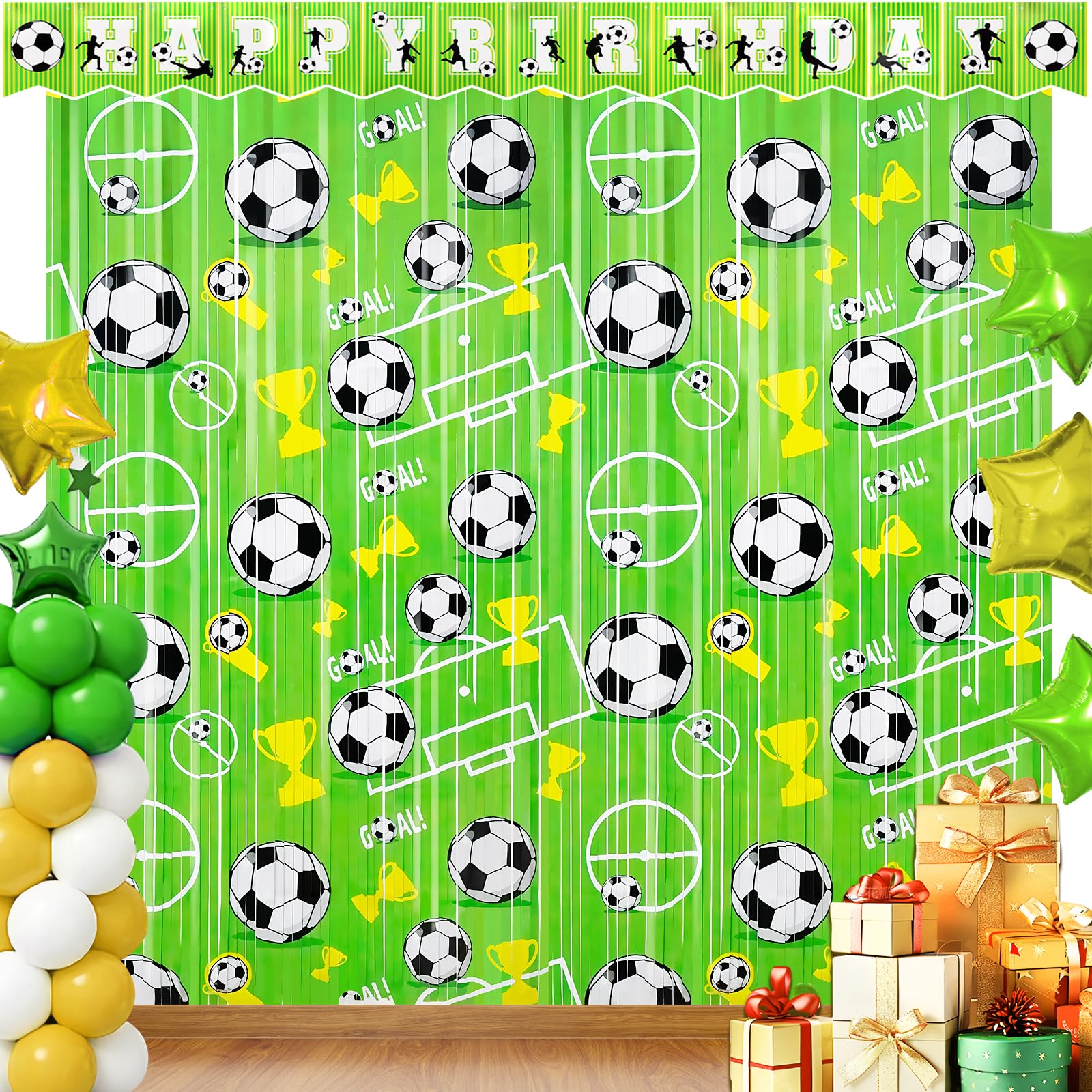 3 Pack Soccer Birthday Party Decorations with 2Pcs Green Metallic Tinsel Foil Fringe Curtains and 1Pcs Birthday Banner for Photo