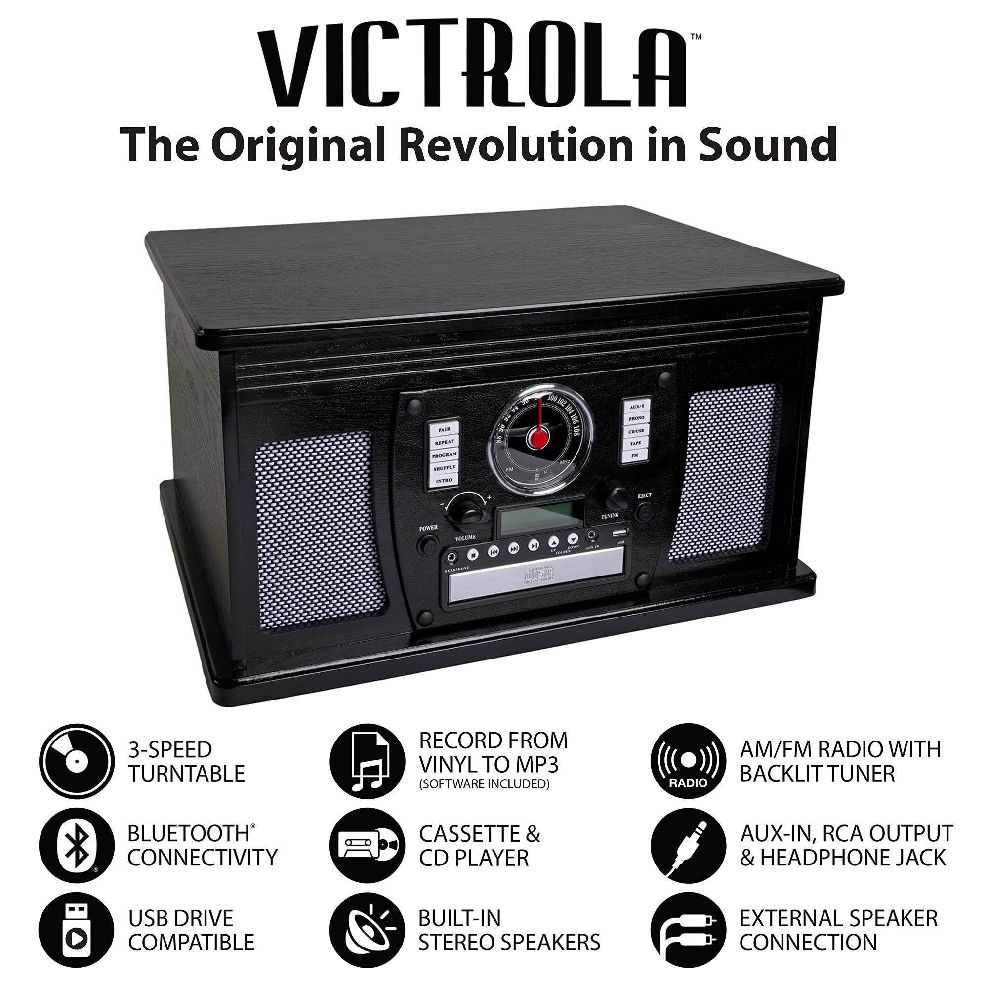 Victrola 8 In 1 Bluetooth Record Player & Multimedia Center, Built In Stereo Speakers   Turntable, Wireless Music Streaming, Rea