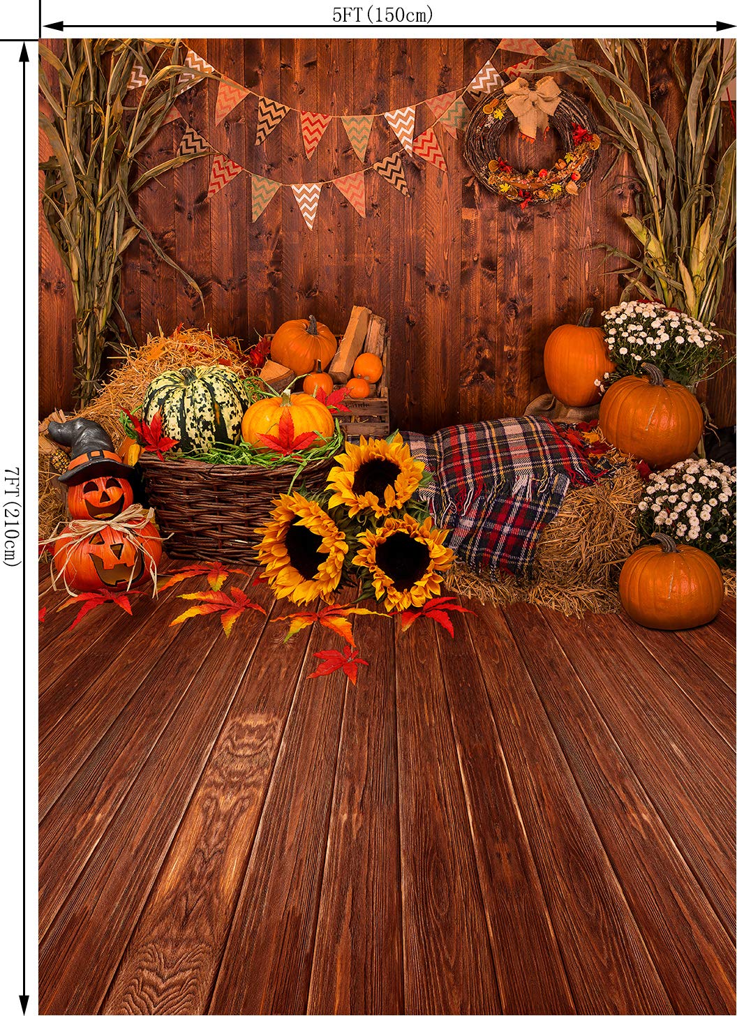 Ouyida 5X7Ft Fall Thanksgiving Wooden Floor Barn Autumn Pumpkins Maple Leaves Sunflower Baby Portrait Party Halloween Decoration Vinyl Photography Backdrop Photo Booth Background Studio Prop Tp295