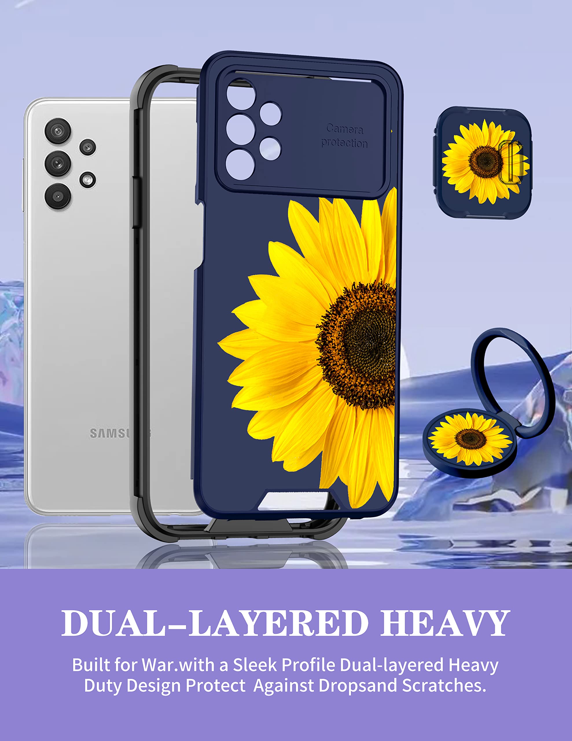 Goocrux (2In1 For Samsung Galaxy A32 5G Case Sunflower Floral For Women Girls Girly Phone Cover Cute Flowers Design With Slide C