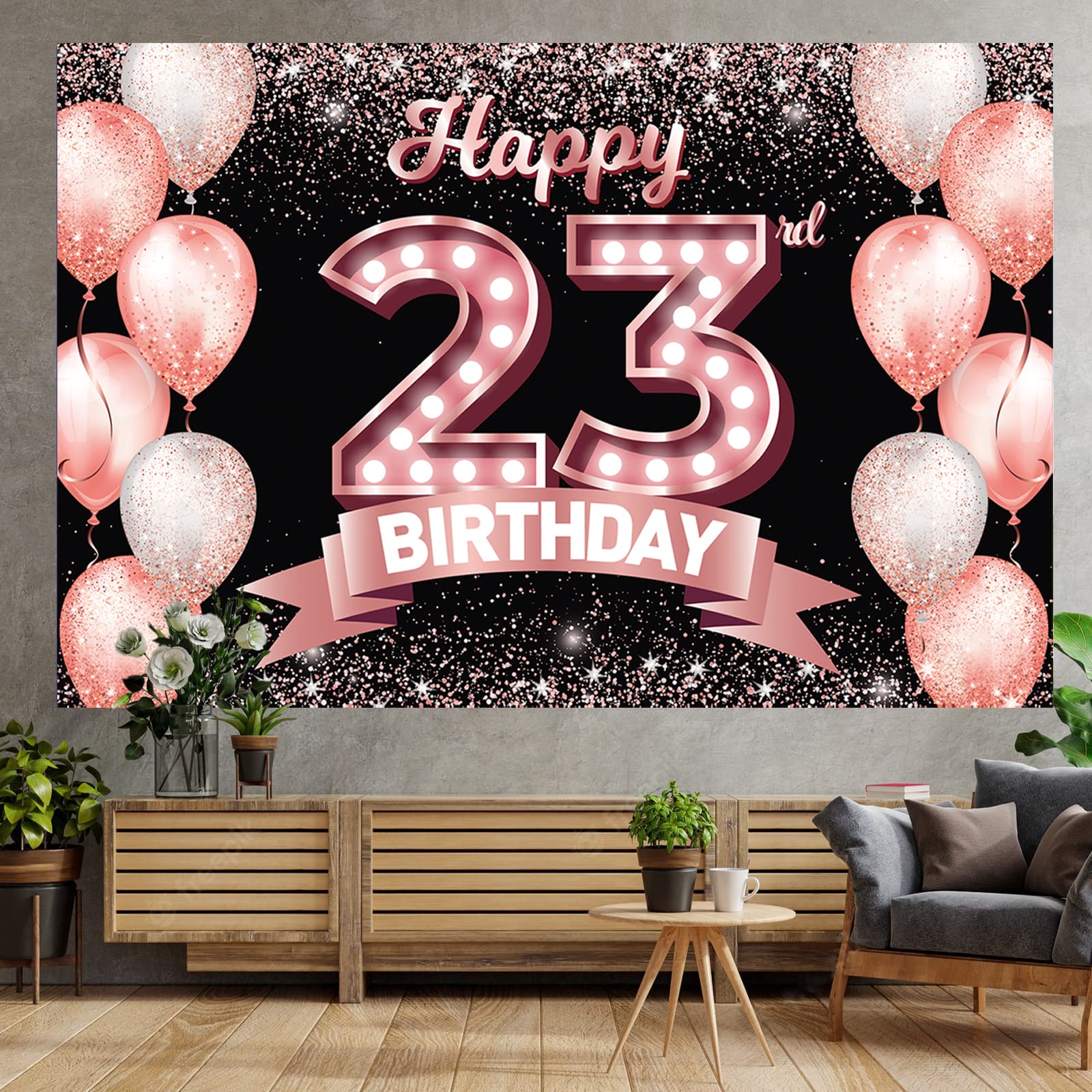 Happy 23Rd Birthday Rose Gold Banner Backdrop Cheers To 23 Years Old Confetti Balloons Theme Decor Decorations For Women 23 Year