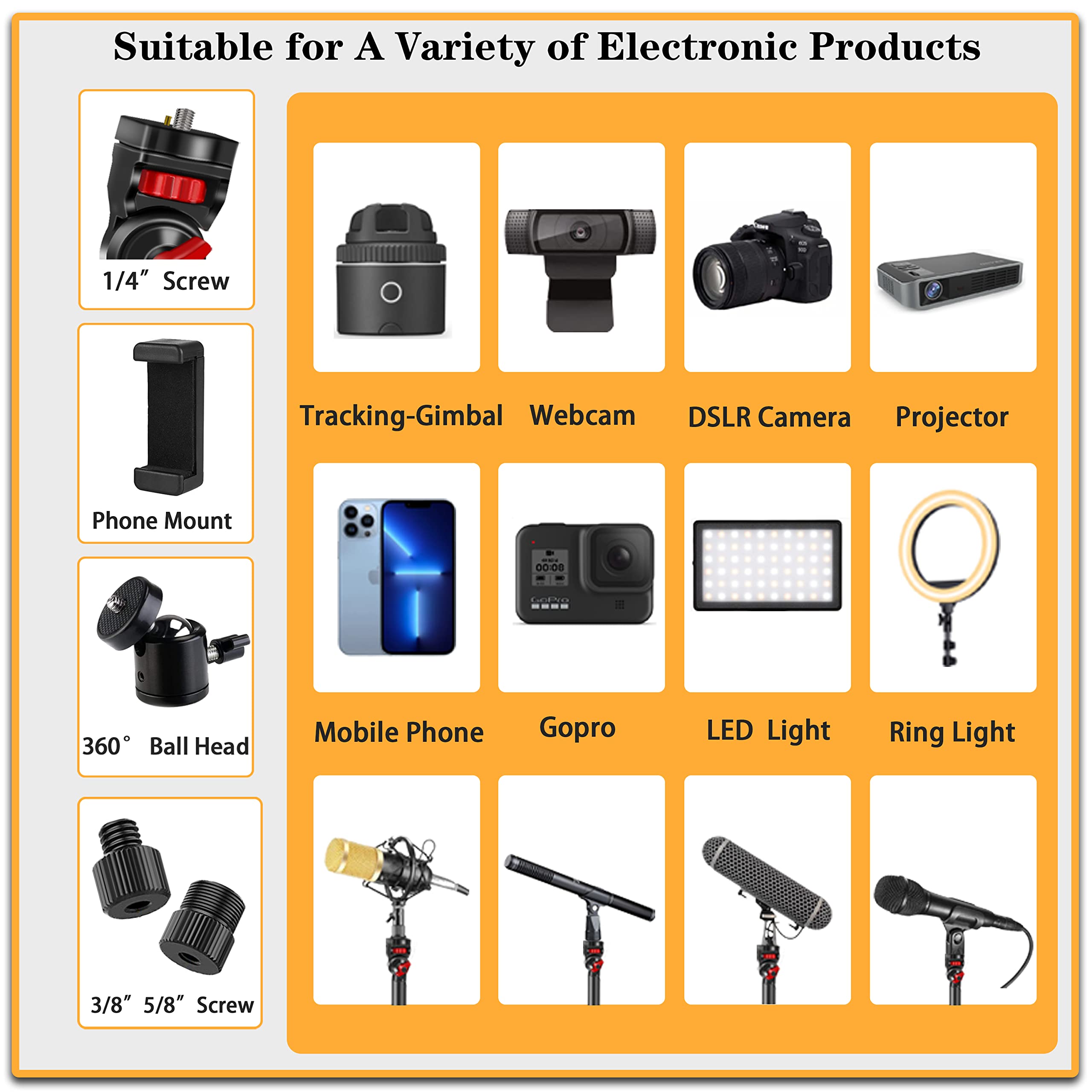Overhead Camera Mount Desk Stand, 3 Section Flexible Detachable Articulating Arm With 1/4 3/8'' 5/8'' Screw&360 Ball Head, C Cla