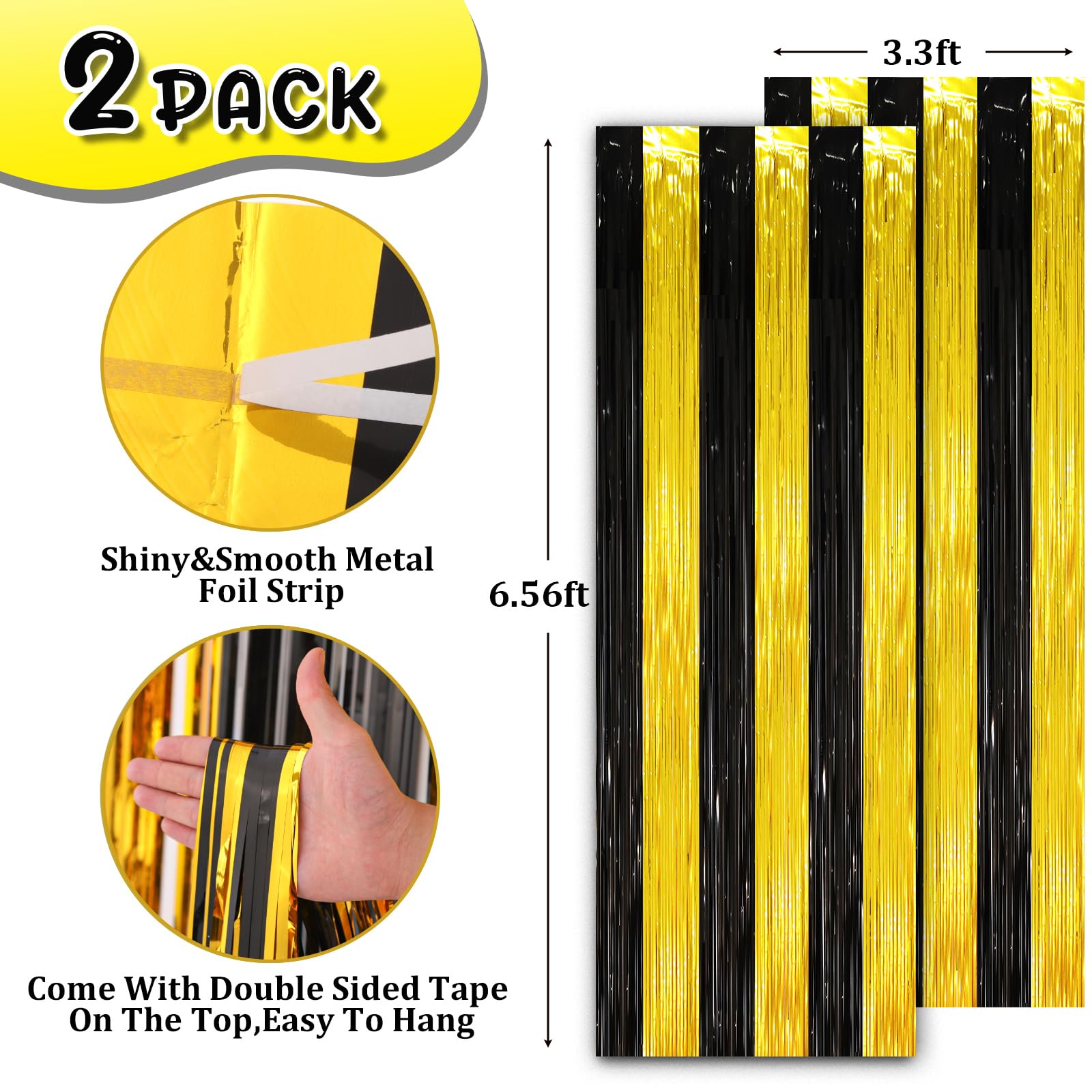 Voircoloria 2 Pack Black And Gold Tinsel Foil Fringe Curtains, Black And Gold Party Decorations, Metallic Tinsel Party Streamers