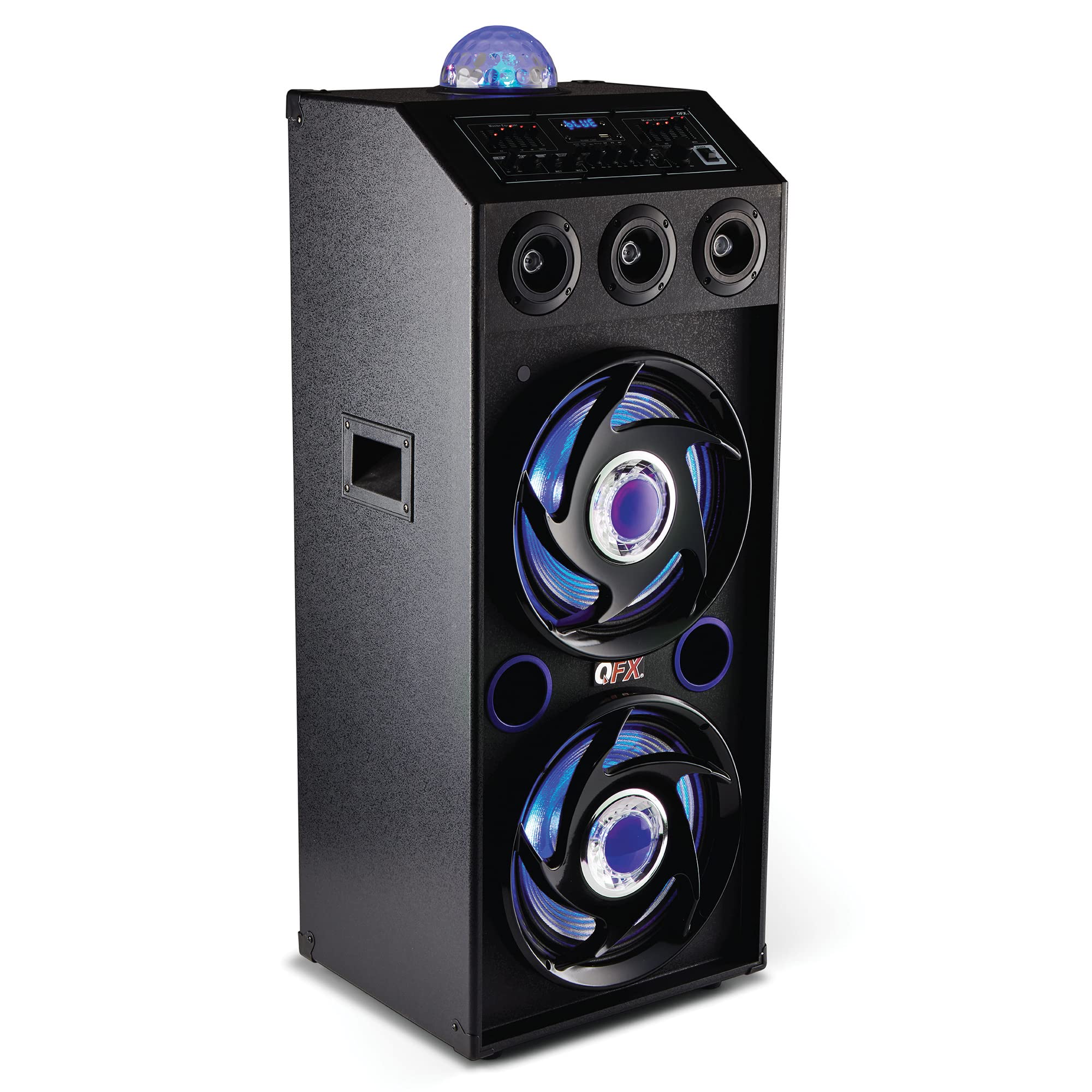 Qfx Sbx 412207Bt Tws Bluetooth Cabinet Speaker With Dual 12' Woofers, Led Party Lights, Fm Radio, Usb/Tf Card Ports, Aux Input, Blue