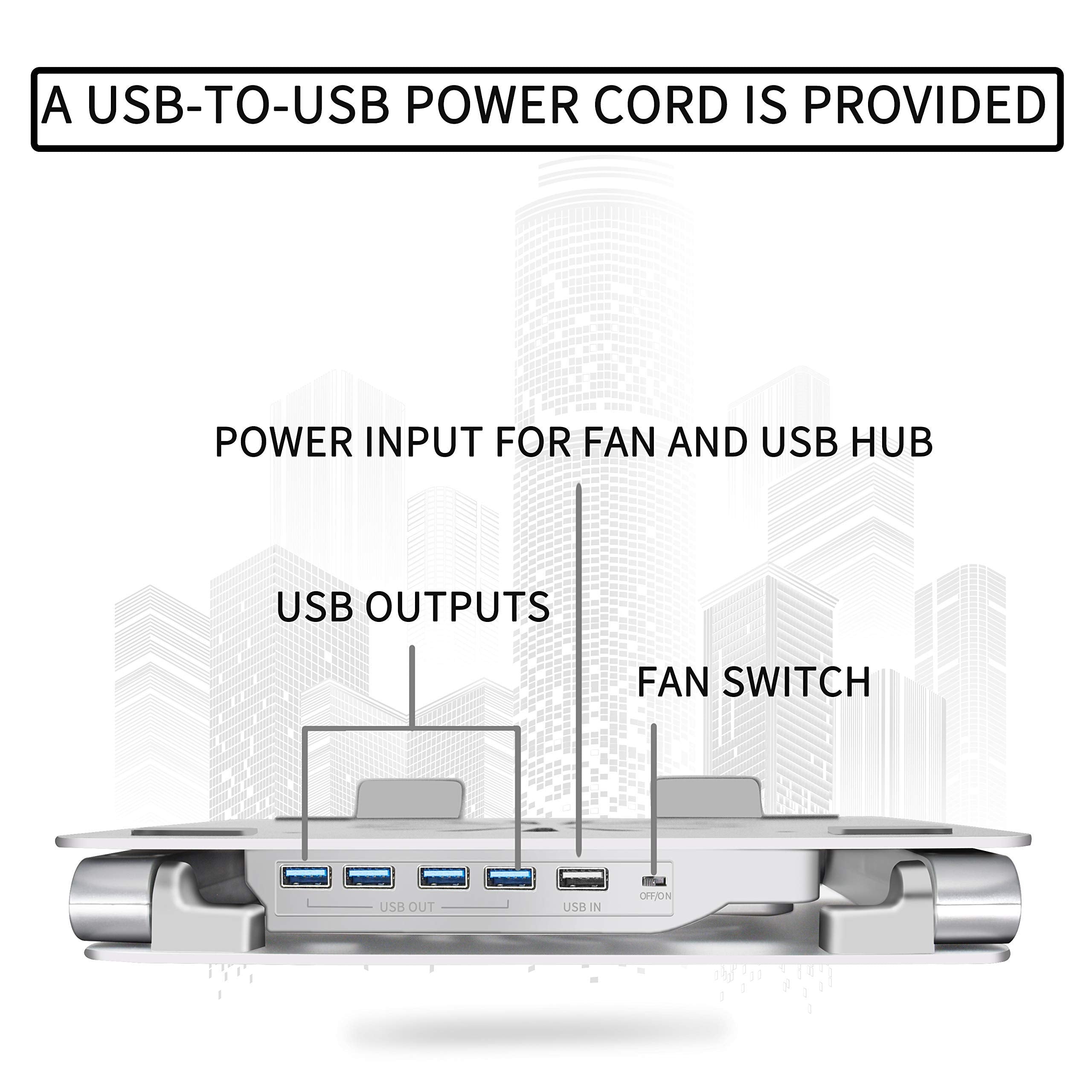 SOUNDANCE Laptop Cooling Pad - Low-Noise Fan, 3 USB Hubs, Ergonomic Design for Up to 17” Laptops, Aluminum, Adjustable Silver