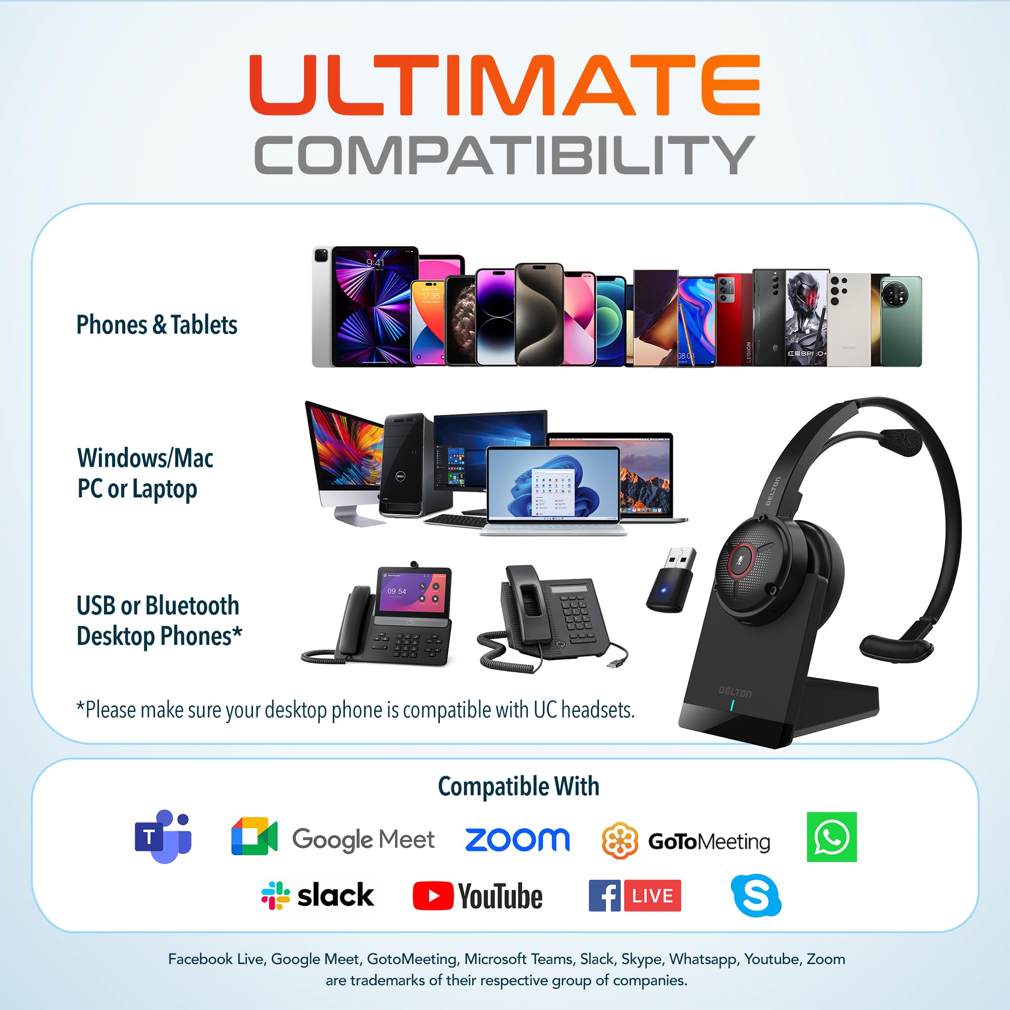 Delton Noise Canceling Bluetooth Computer Headset With Charging Dock, Auto Pair Usb Dongle For Pc/Laptop, Compatible With Ms Tea