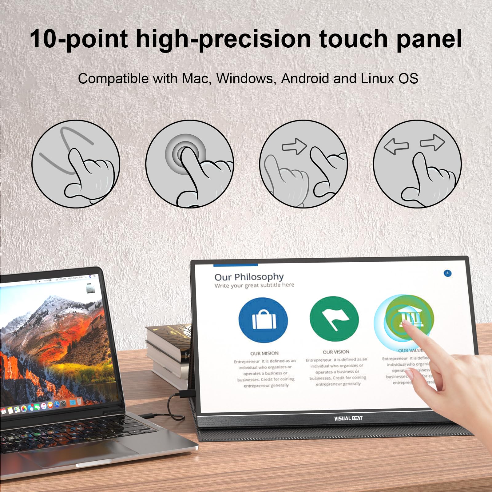 Visual Beat Portable Monitor Touch Screen 15.6 1080P Usb-C Hdmi Computer Display Hdr Ips Eye Care Screen 100% Srgb With Smart