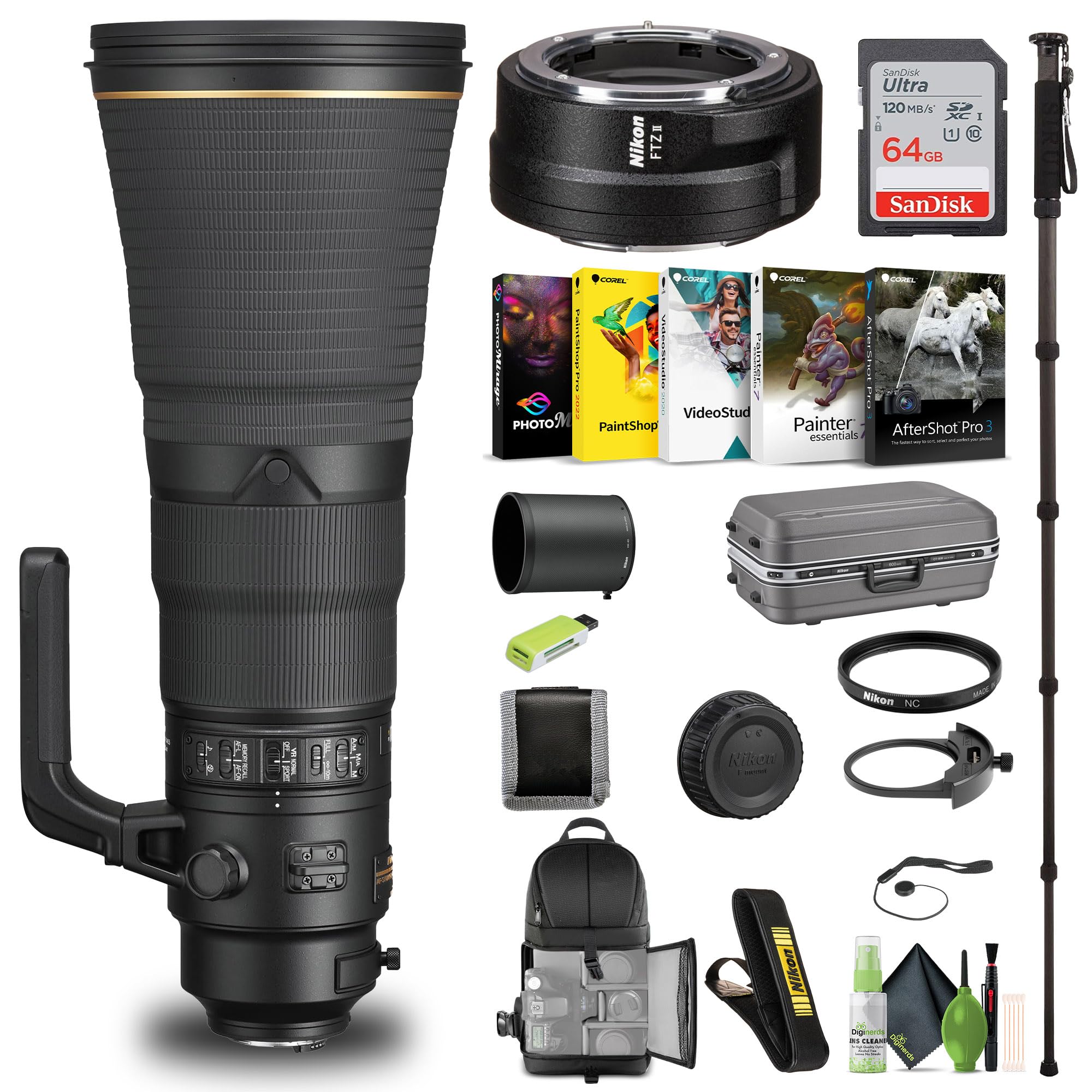 Nikon AF-S NIKKOR 600mm f/4E FL ED VR Lens (20054) + FTZ II Adapter + 64GB Memory Card + Backpack + Monopod + Card Reader + Core