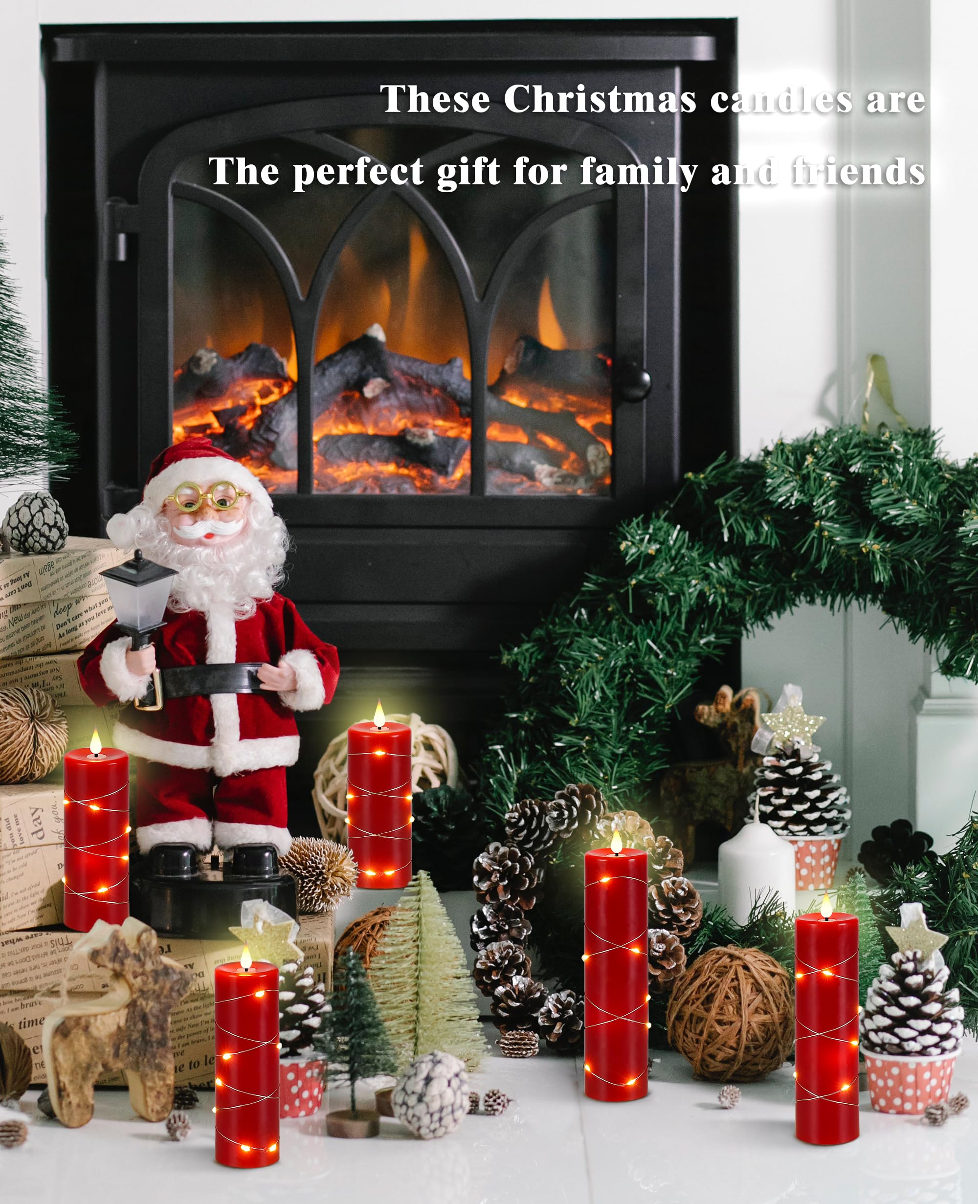 Da By Red Flameless Candles With String Lights, Battery Operated Candles With Remote Control And Timer,Flickering Led Pillar Can