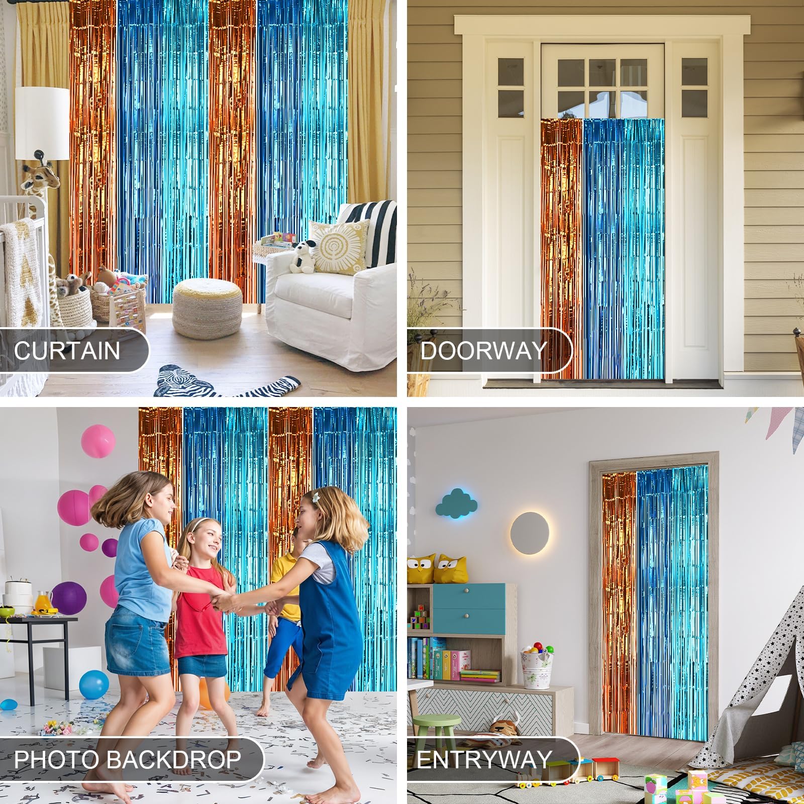 Blue Dog Party Decorations, 2 Packs Of 3.3X6.6 Ft Blue And Orange Foil Fringe Curtains, Blue Orange And Light Blue Tinsel Backdr