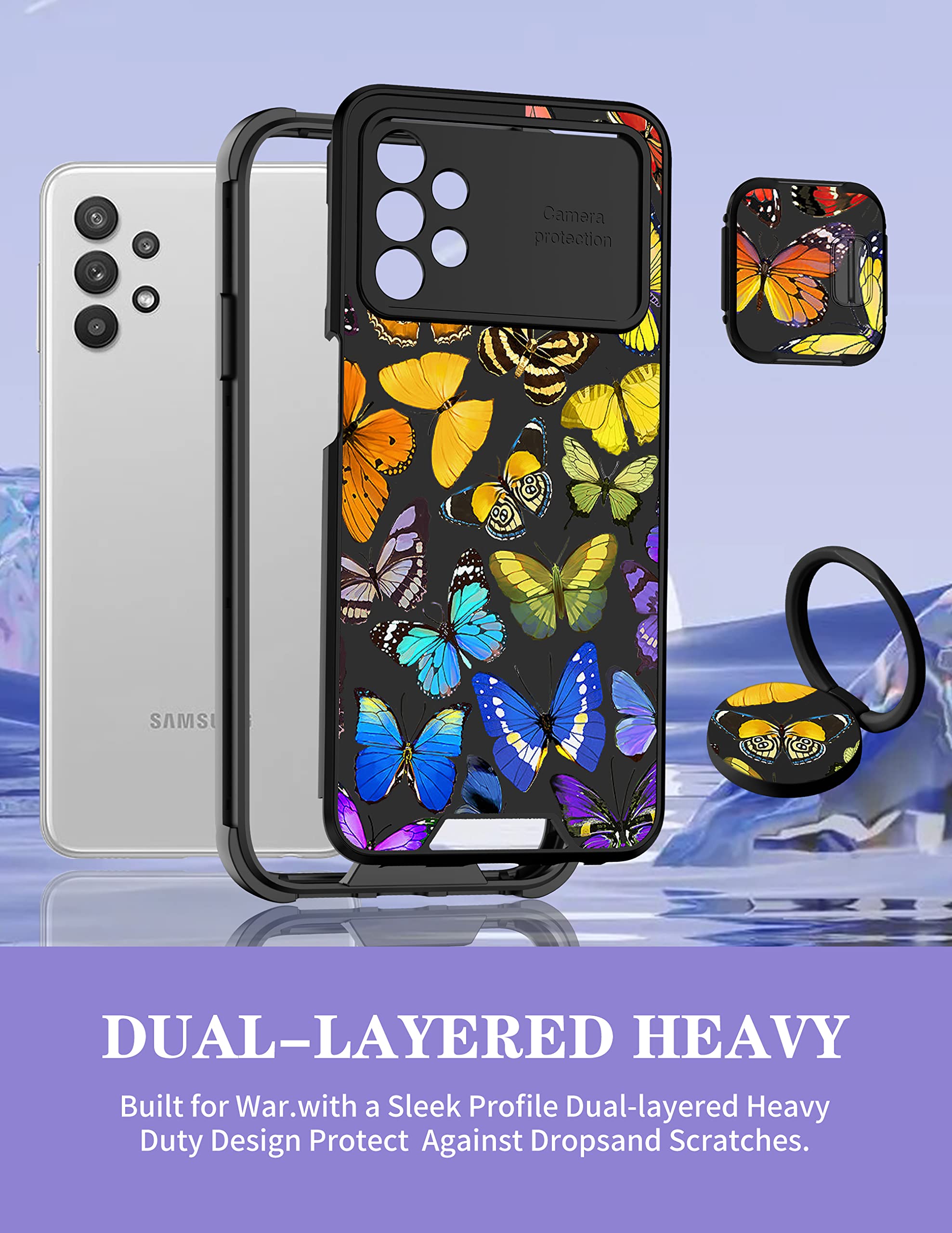 Goocrux (2In1 For Samsung Galaxy A32 5G Case Butterfly Women Girls Girly Pretty Phone Cover With Slide Camera Cover+Ring Holder