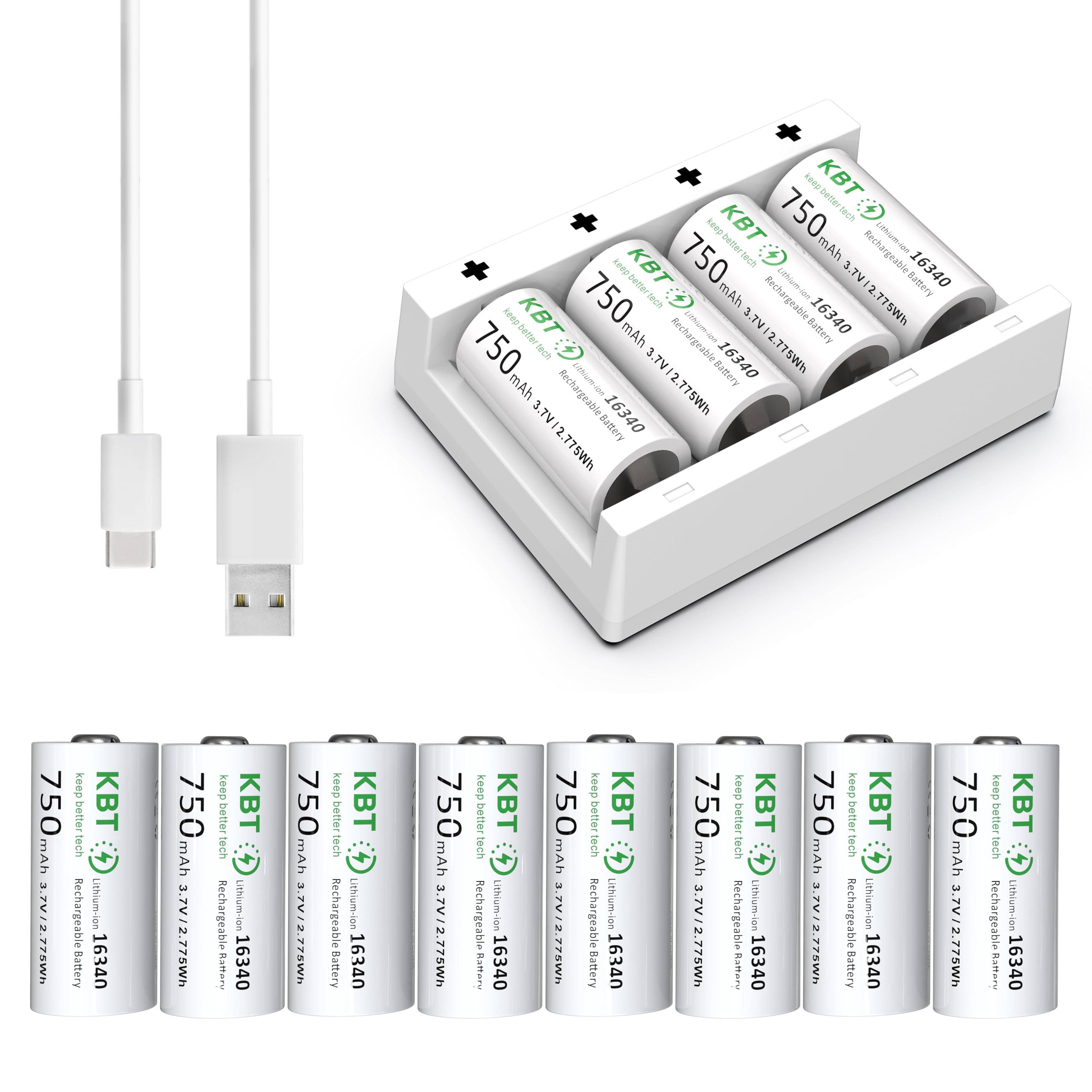 Kbt 8 Pack Cr123A Battery Charger, 3.7V 750Mah Rechargeable Battery, Fast Charging 2A Smart Charger For Arlo Wireless Cameras Vm
