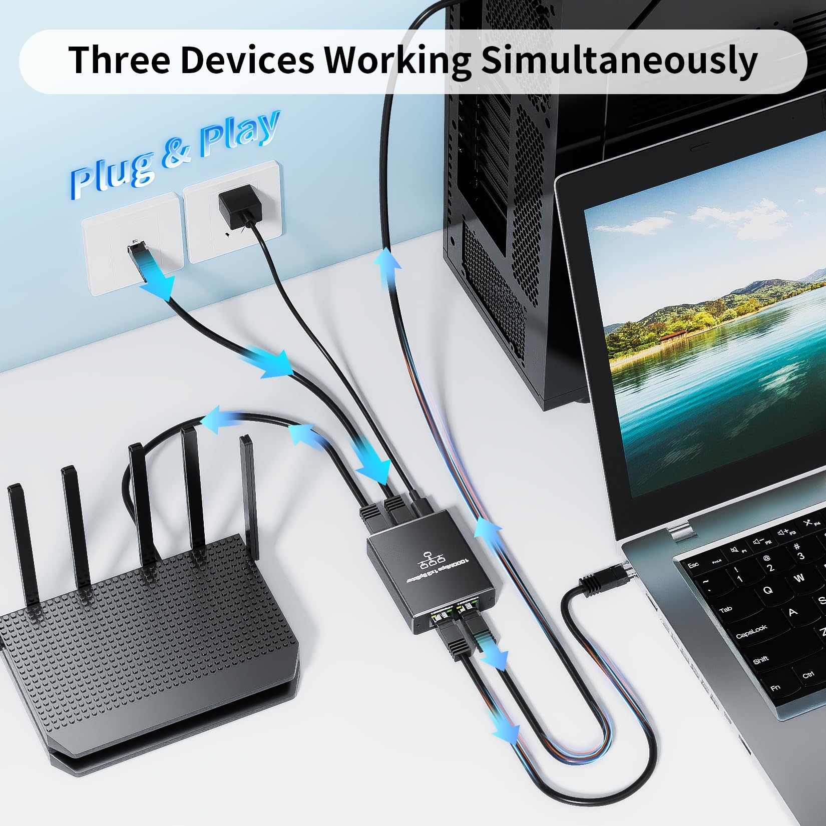 Alyydbg Ethernet Splitter 1 To 3, 1000Mbps Rj45 Internet Splitter With Usb Power Cable, Lan Splitter Using Cat5/5E/6/7/8 Cable F