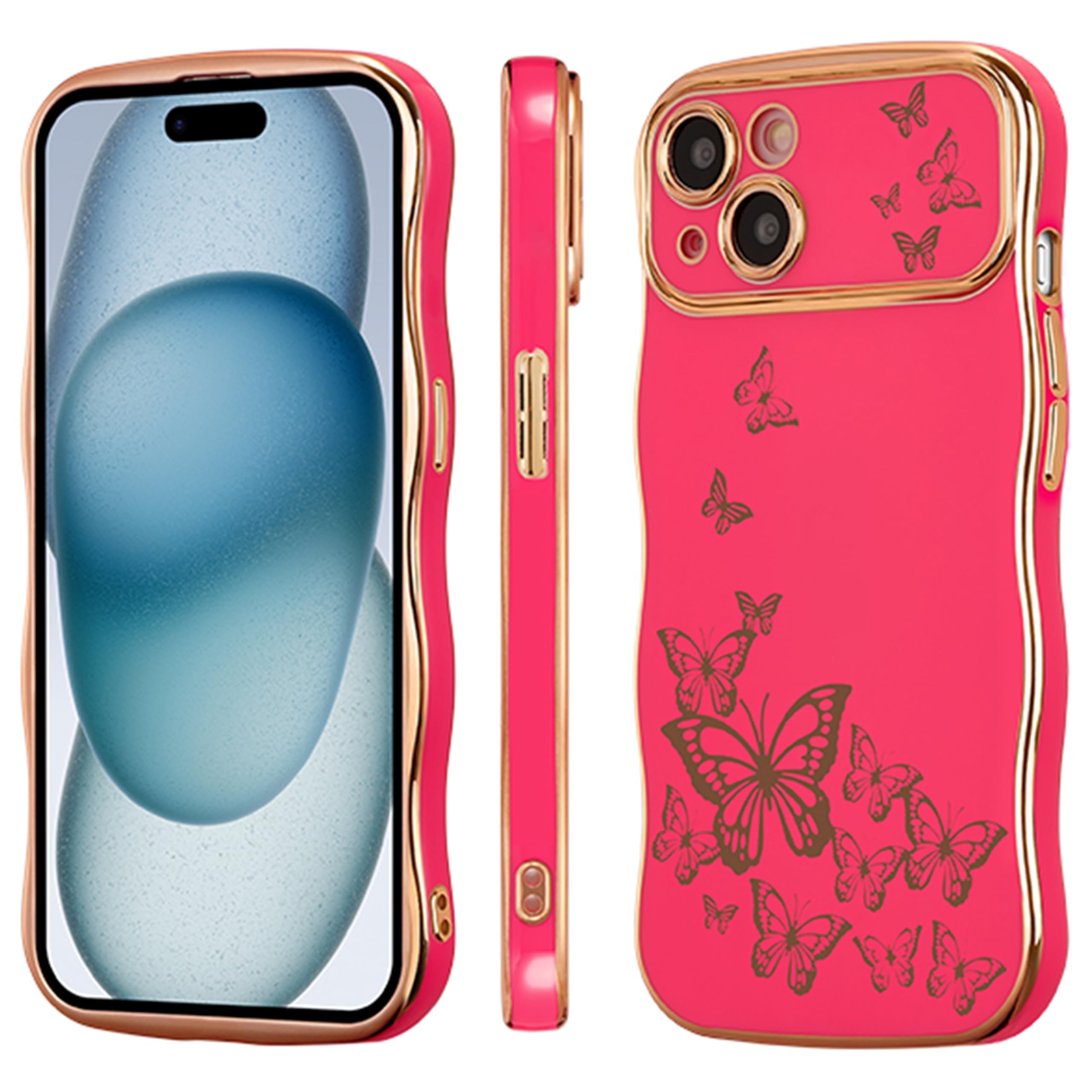 Ztofera For Iphone 15 Case For Girl Women, Cute Curly Wave Frame With Luxury Plating Butterfly Pattern, Soft Tpu Electroplated E