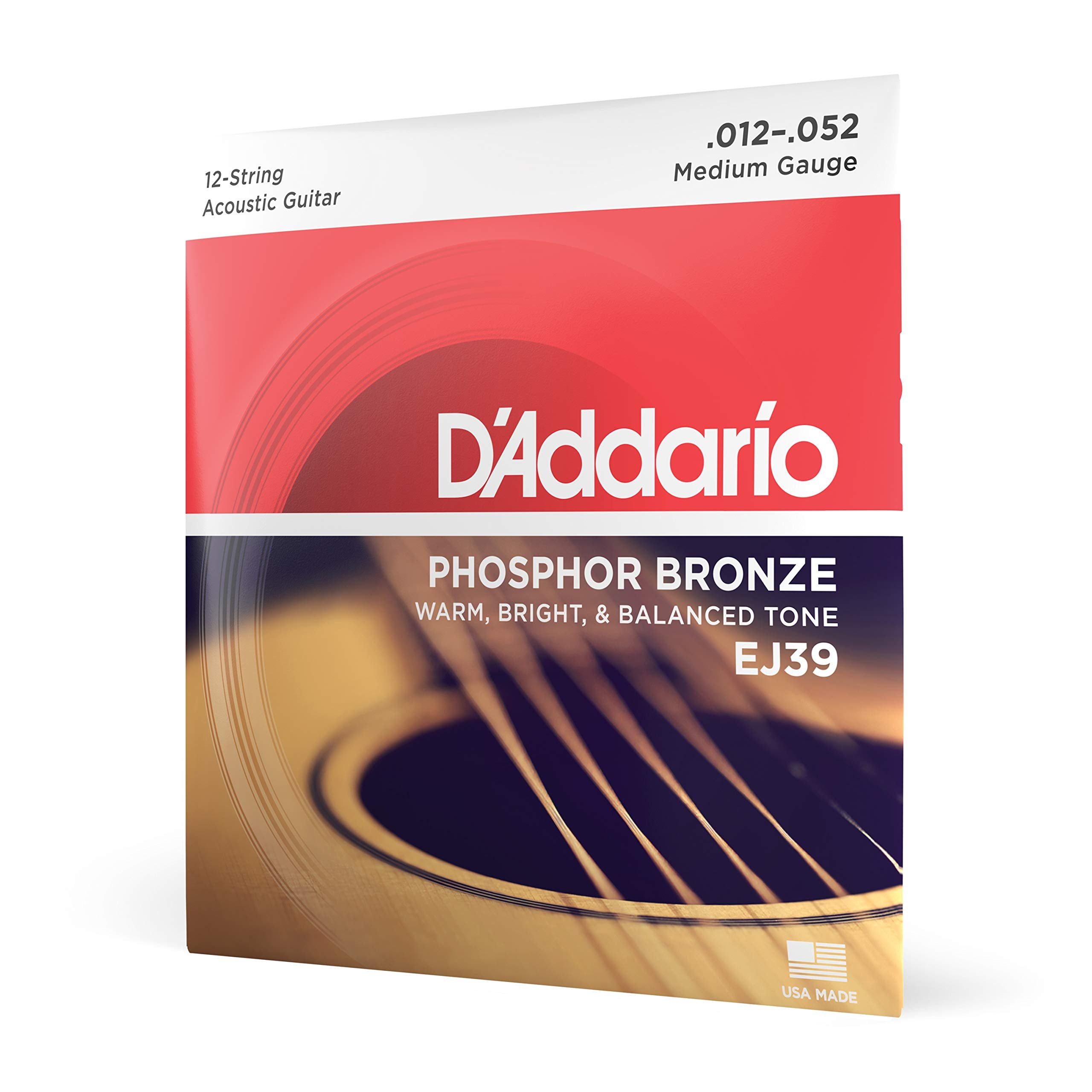 DAddario Acoustic Guitar Strings, Phosphor Bronze, EJ39, Medium Gauge 12-52, 12-String Set, Pack of 1