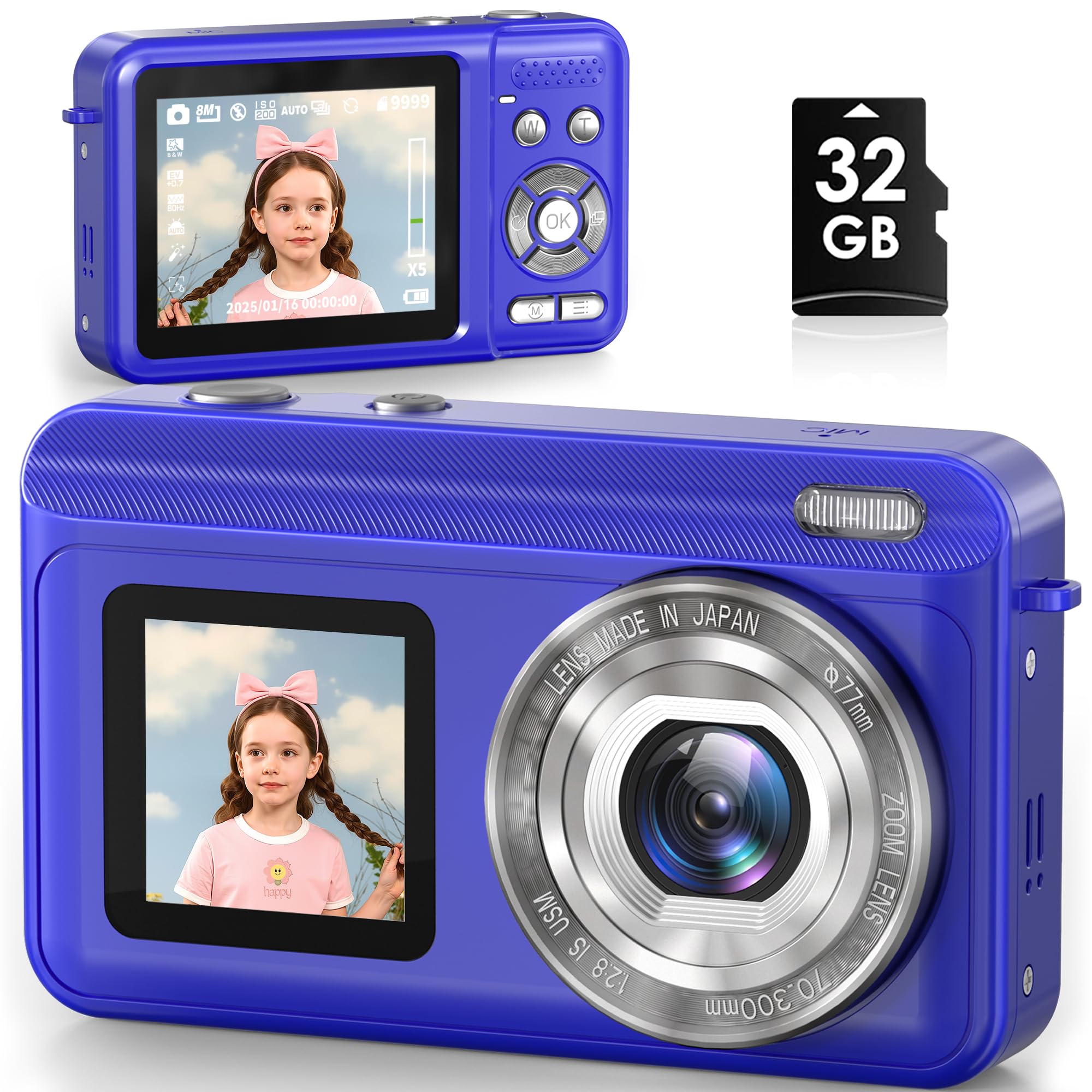 Digital Camera, Real 2.7K Dual-Screen Digital Camera for Photography Auto-Focus Vlogging Camera for YouTube Video 16x Zoom 32GB 