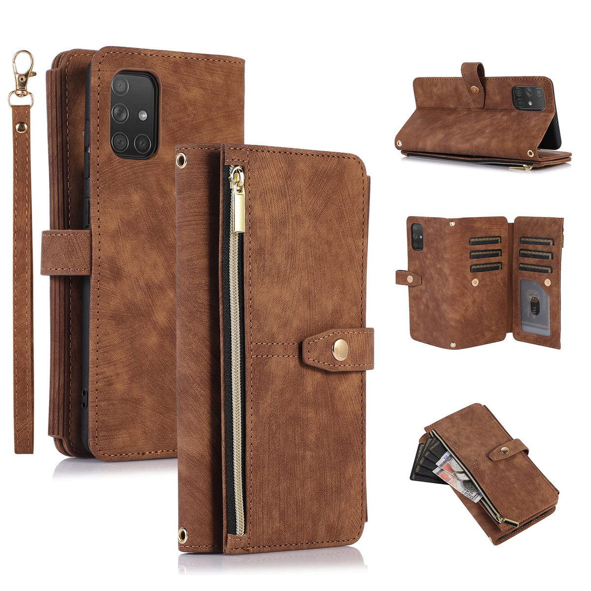 Ueebai Case For Samsung Galaxy A51 4G, 9 Card Slots Retro Leather Wallet Shockproof Flip Cover With Hand Strap Card Slots Zipper