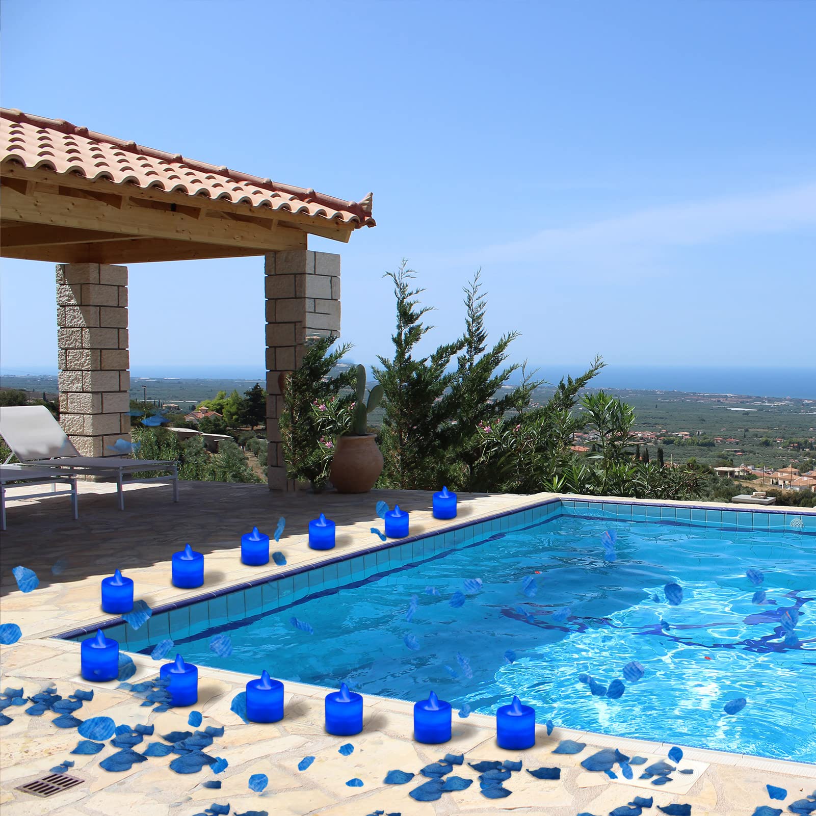 Lanker 500 Pcs Blue Artificial Rose Petals With 24 Pcs Bright Flickering Blue Flameless Led Tea Lights Candles (Blue Lights With