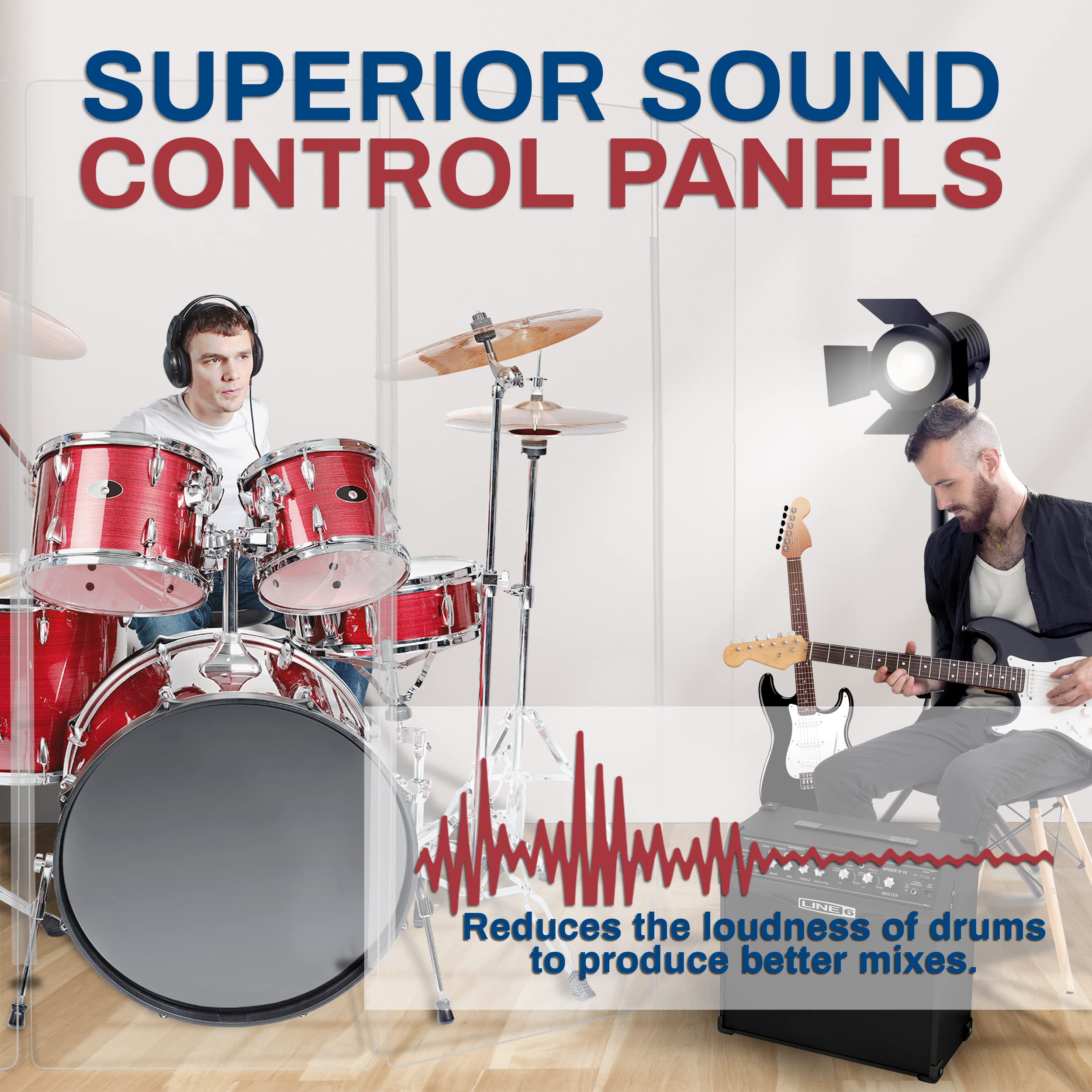 Pennzoni Drum Shield 6Ft W/Plastic Hinges, Comes W/ 7 Drum Panels, & Plastic Hinges, Premium Clear Acrylic Panels, Drum Screen