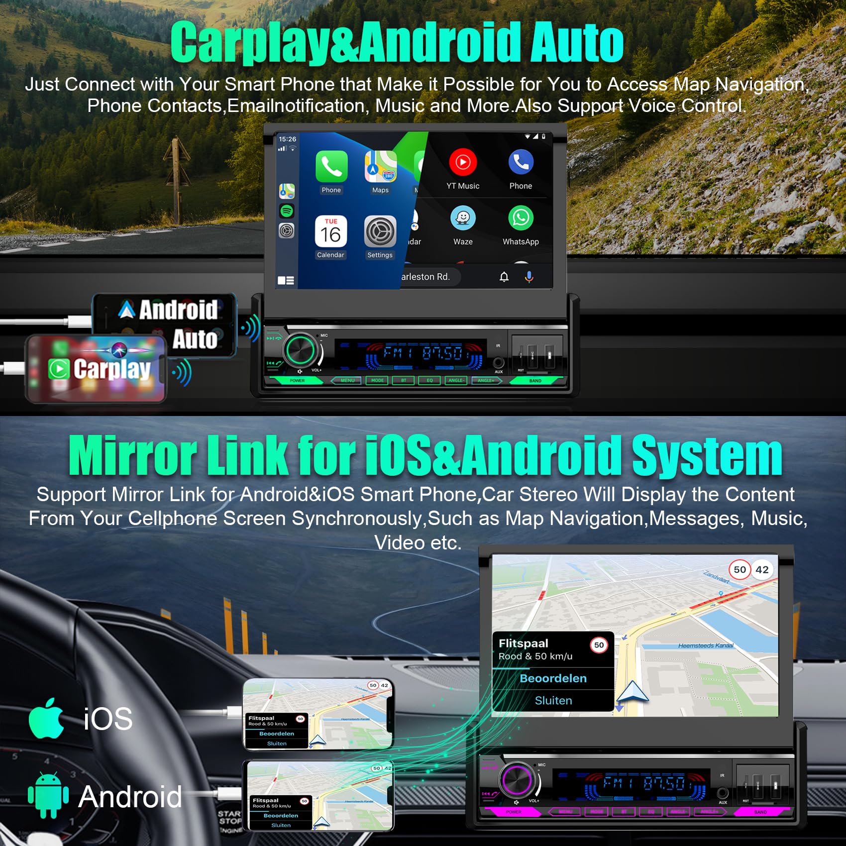 (Motorized&Hd Screen) Single Din Apple Carplay Car Stereo With Android Auto   7 Inch Flip Out Touchscreen Car Radio With Bluetoo