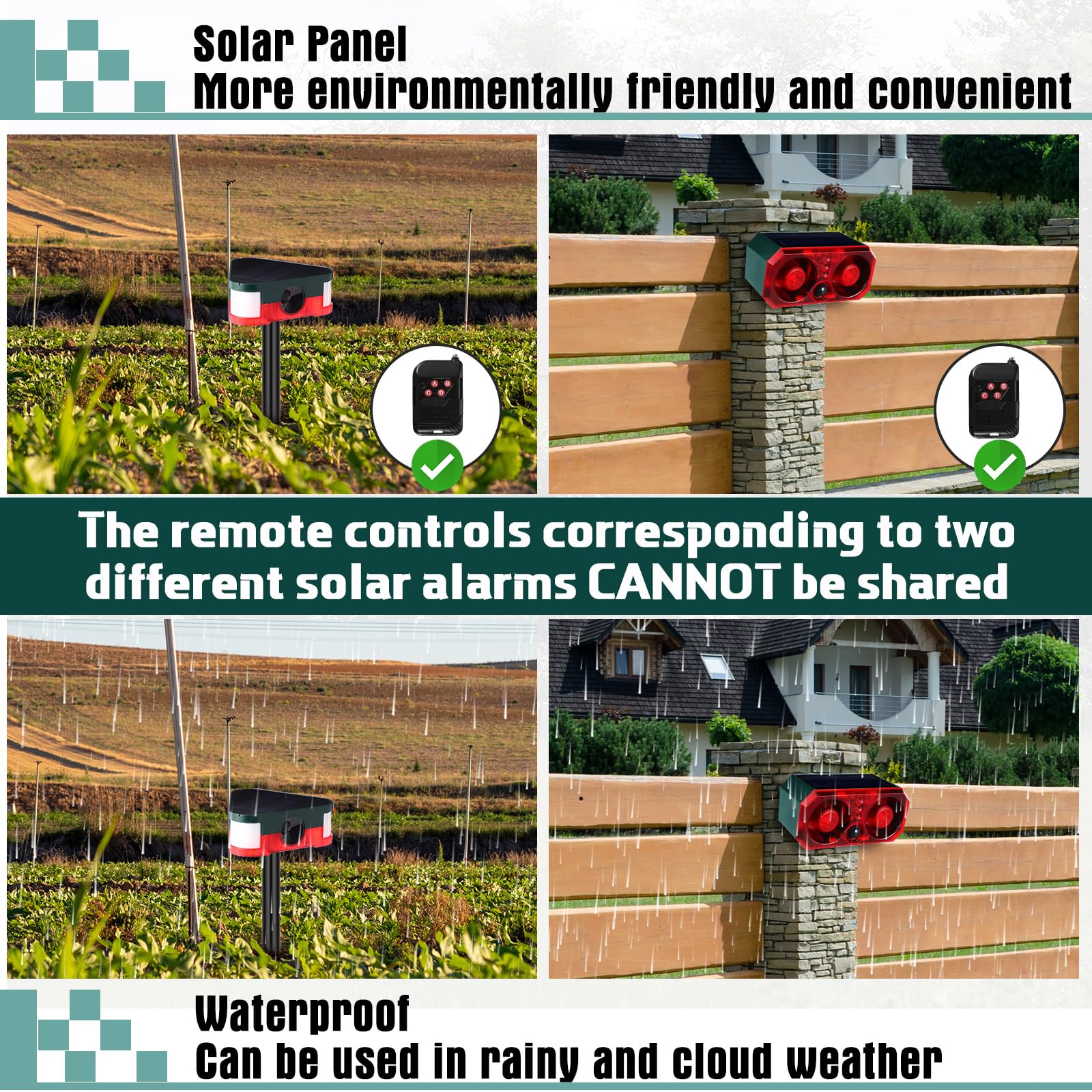 Qualirey 4 Pack Solar Outdoor Ultrasonic Mouse Repellent Animal Deterrent With Alarm Strobe Light Remote Control 129Db Loud Nois