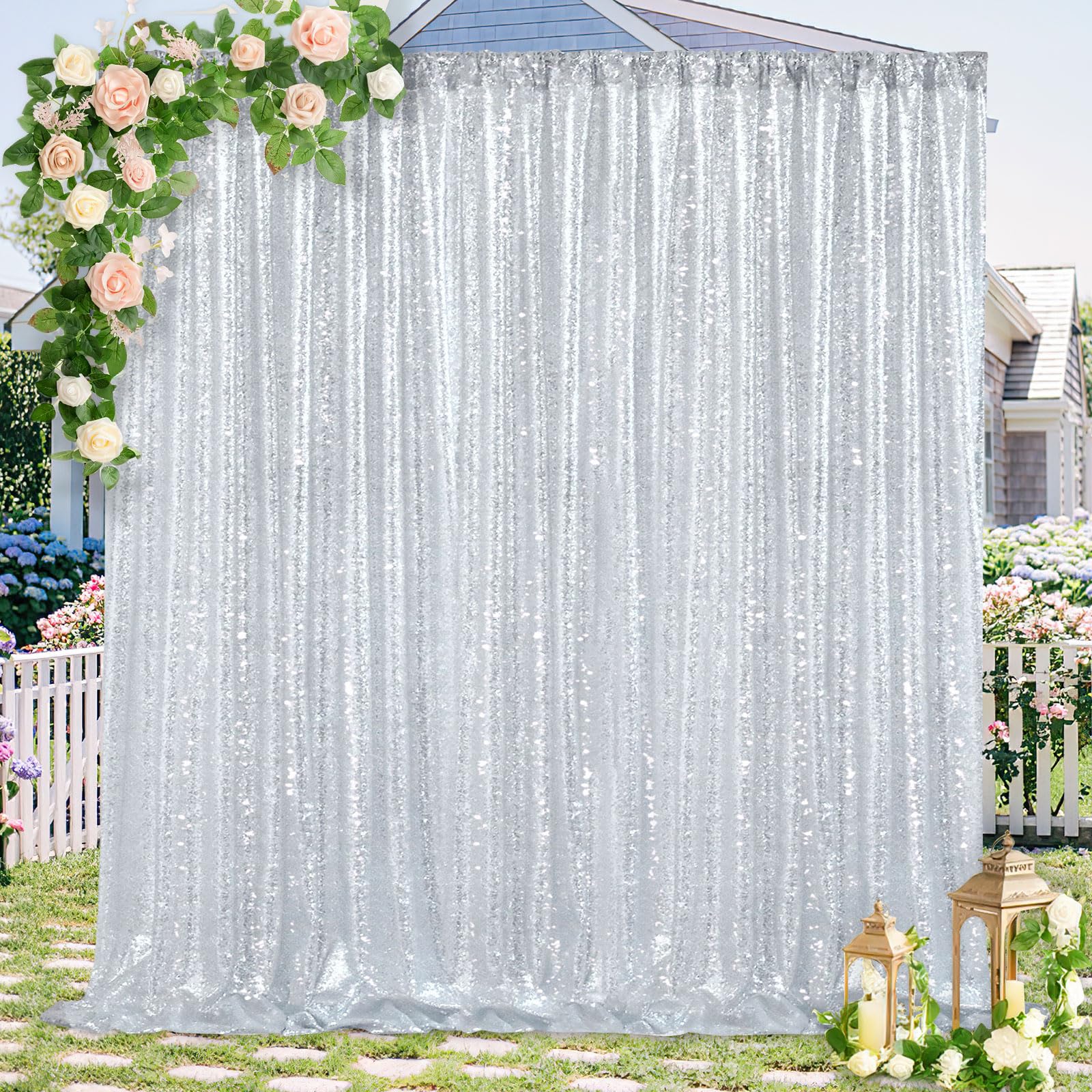Silver Sequin Backdrop 7Ft X 7Ft Glitter Photo Booth Backdrop Curtains For Wedding Birthday Baby Shower Event