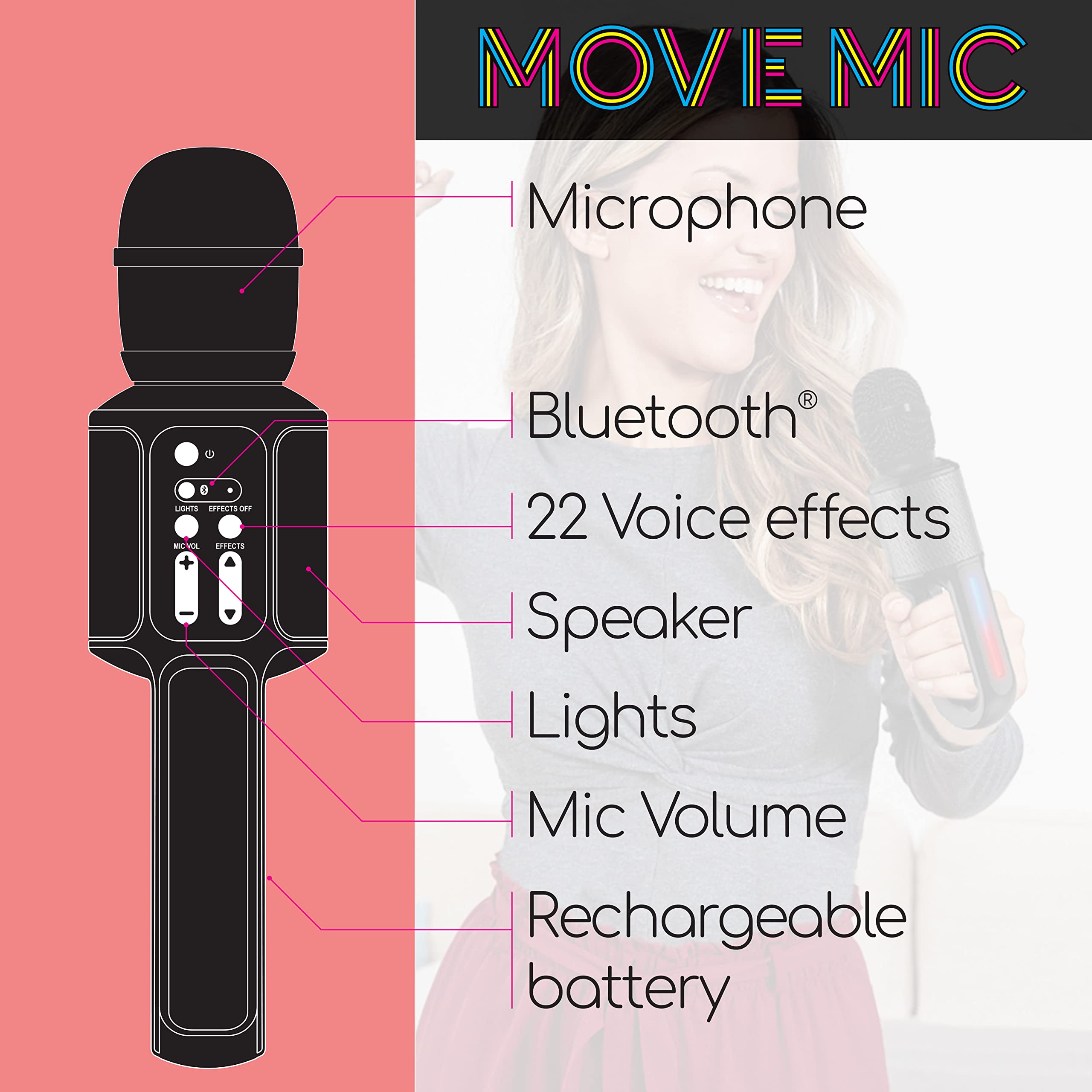 Singing Machine Portable, Handheld Bluetooth Karaoke Microphone And Speaker With Synchronized Lights And 22 Professionally Tuned