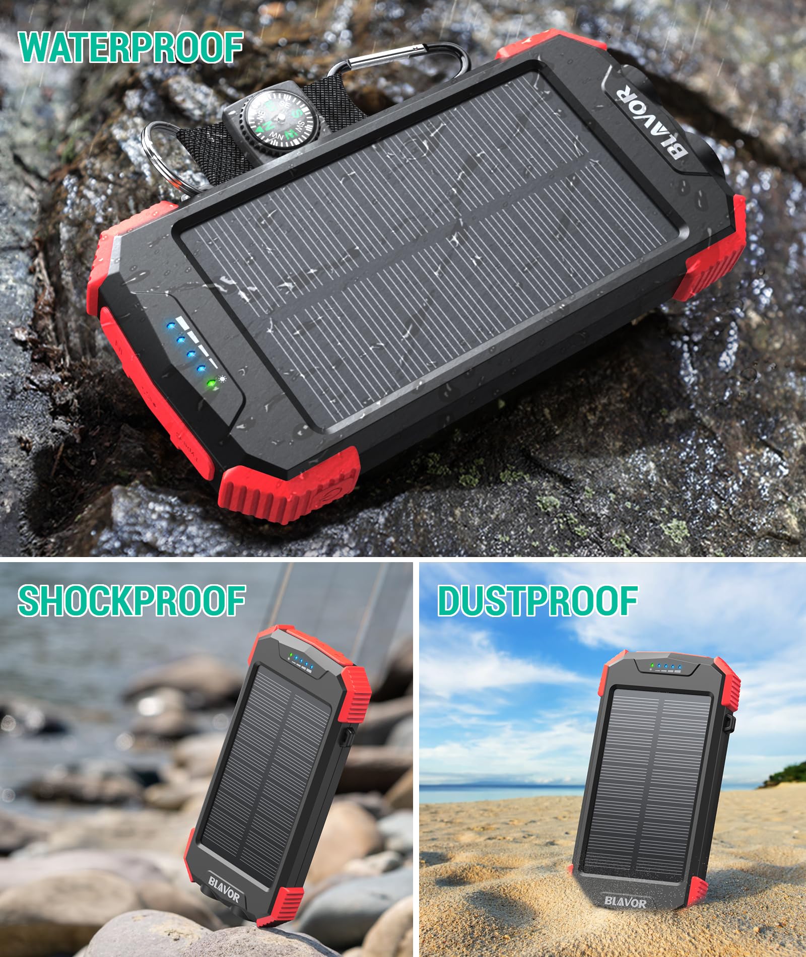 Blavor Solar Charger Power Bank, Real Rated 10,000Mah Portable Wireless Charger With Usb C Input/Output For Cell Phones, Externa